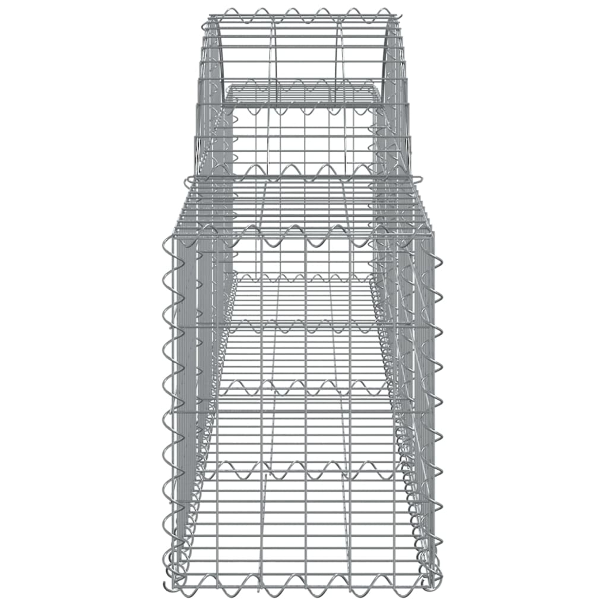 Ein dreistöckiger Metallgabion. Es ist leer und aus Drahtgeflecht gefertigt.
