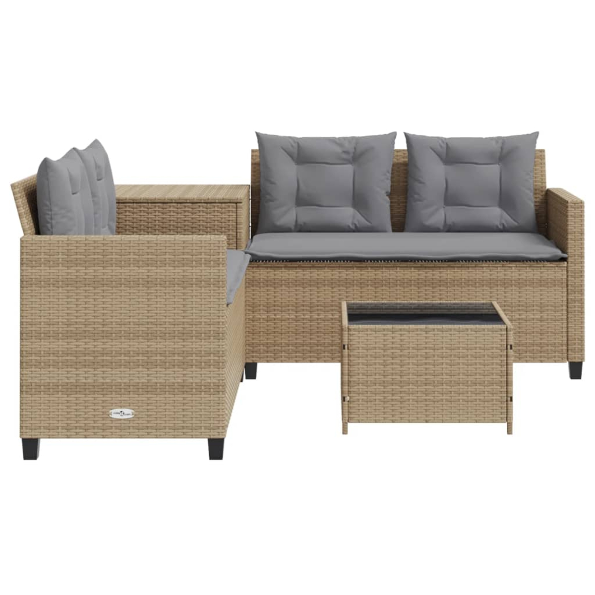 Set da seduta per esterni. Include un divano a due posti, un tavolino e un tavolino da caffè. Colore beige.