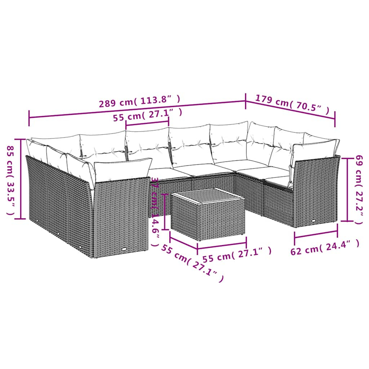 Set divano angolare in vimini con cuscini e tavolino. Dimensioni etichettate.