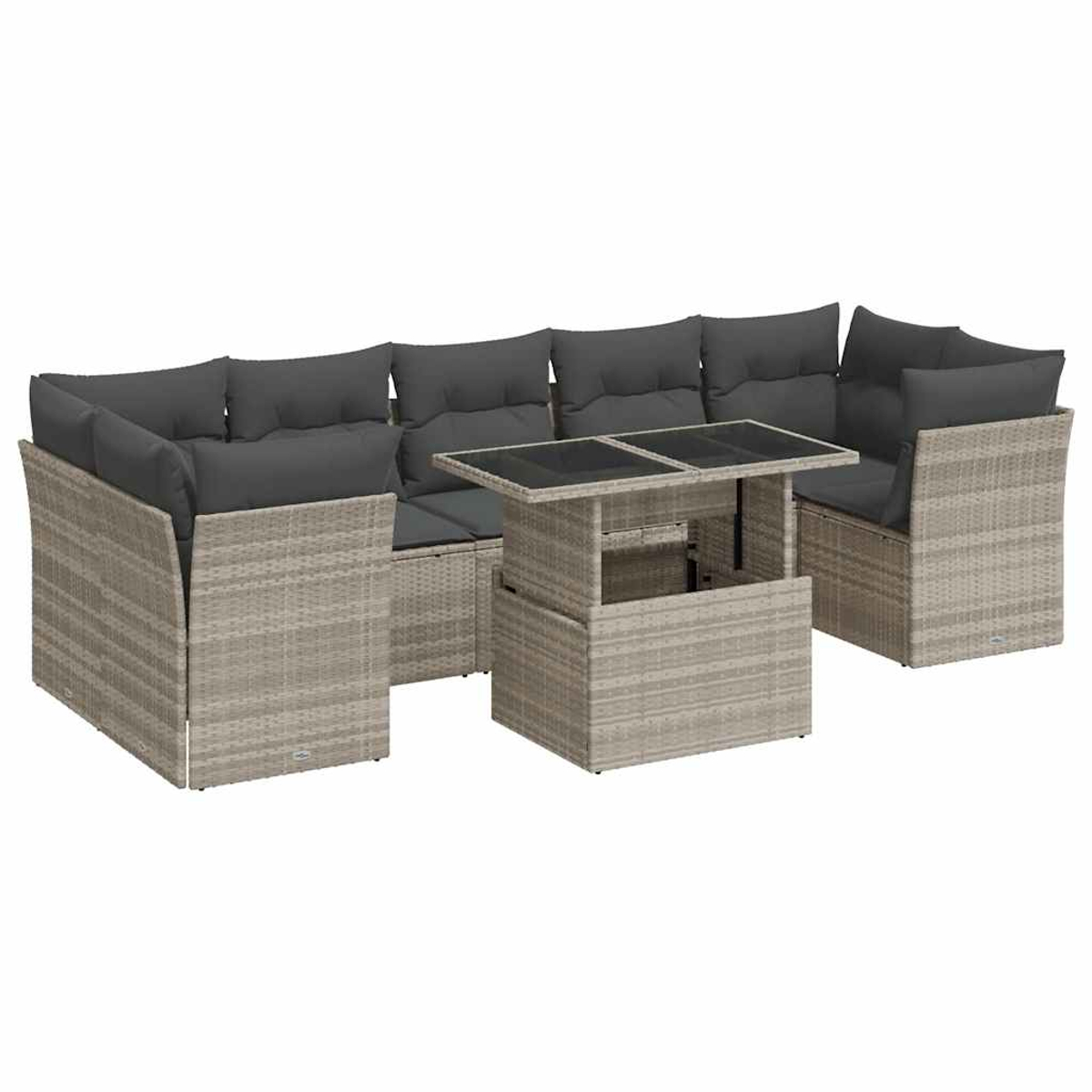Set di mobili da esterno in vimini grigio con tavolo e sedute. Include cuscini e tavolo con piano sollevabile.
