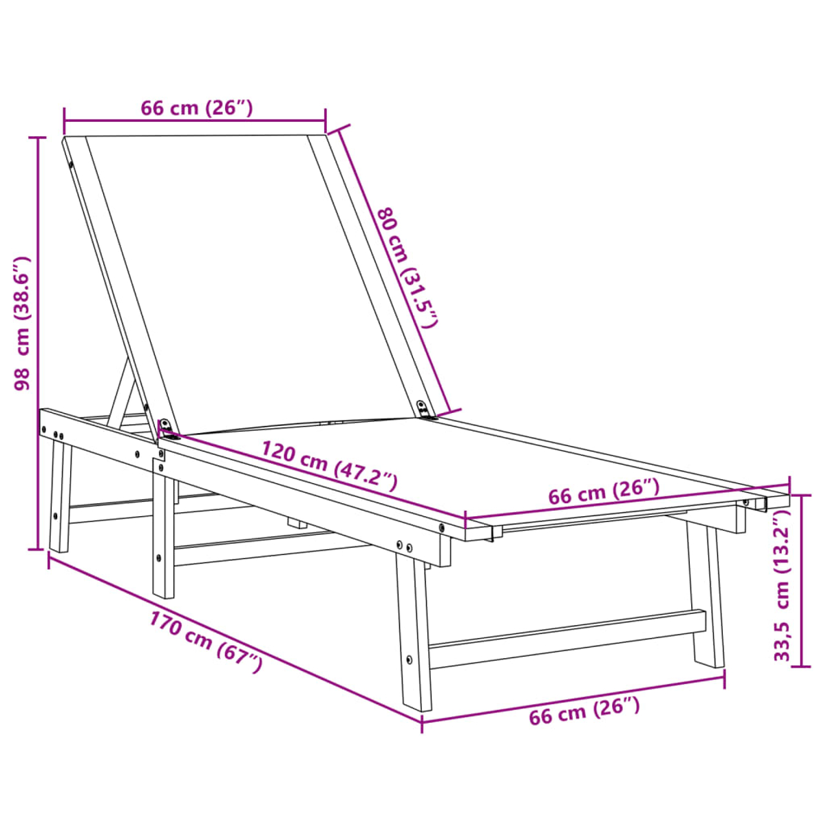 Lettino prendisole in legno con dimensioni. Dotato di schienale regolabile.