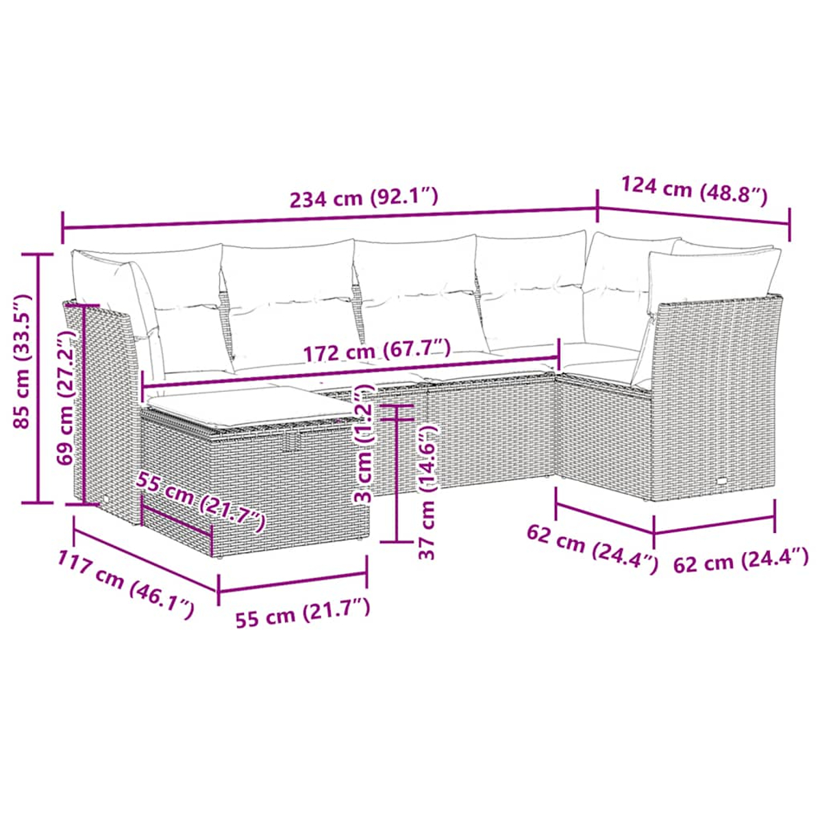 Diagramma del divano componibile in vimini grigio con dimensioni.