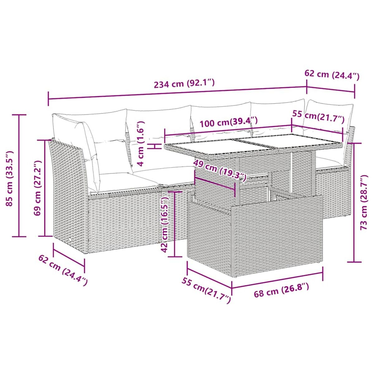Diagramma di divano componibile da esterno con dimensioni in cm e pollici.