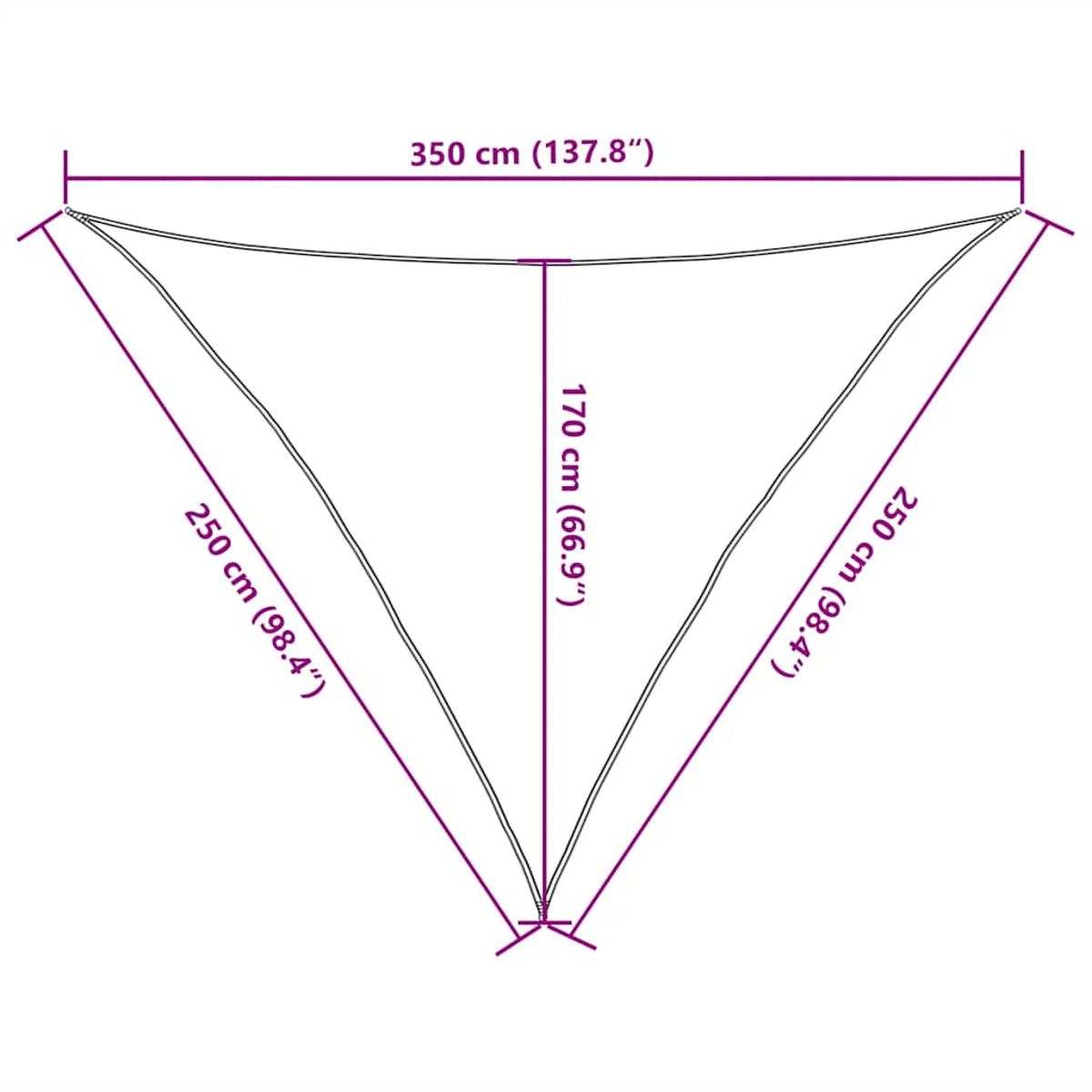 Vela parasole triangolare con dimensioni in centimetri: 350 cm, 250 cm e 170 cm.