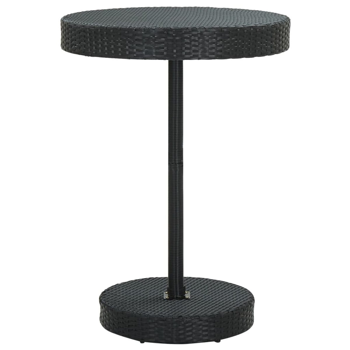 Schwarzer Rattan-Bartisch mit runder Platte und Fuß, getragen von einer Stange.