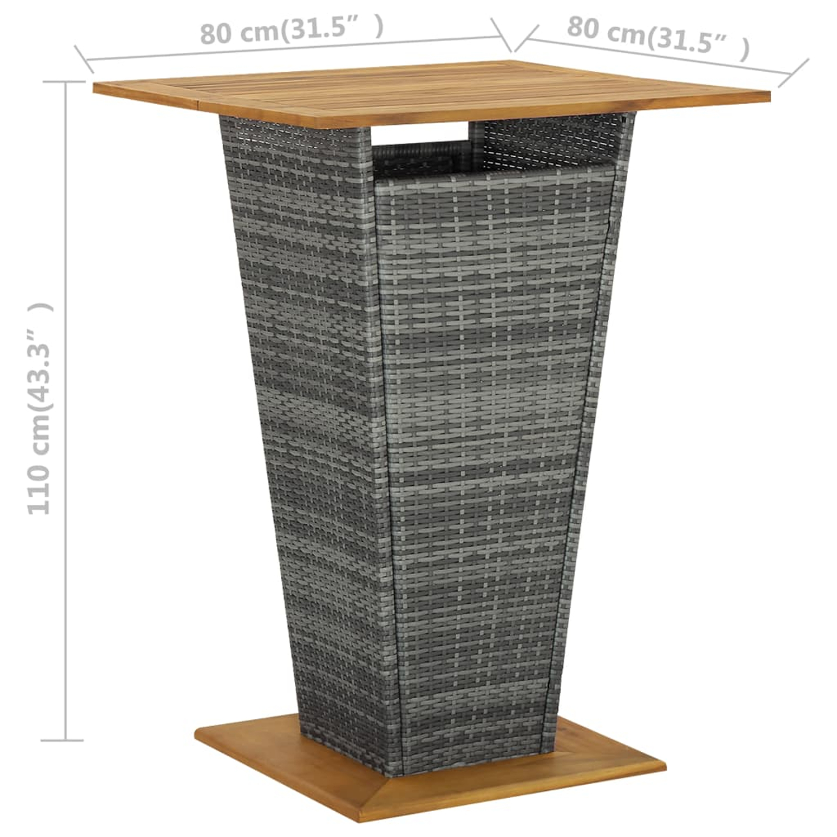 Ein grauer Korbtisch mit einer Holzplatte. Er ist 110 cm hoch und 80 x 80 cm breit.