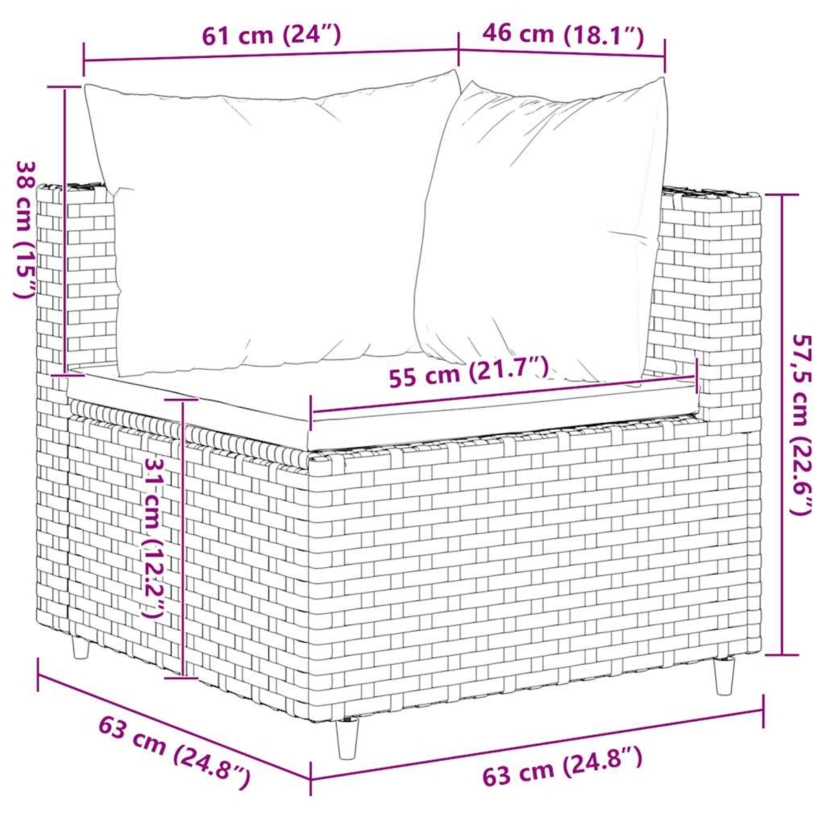 Sedia in vimini con dimensioni. Ha due cuscini. È su sfondo bianco.