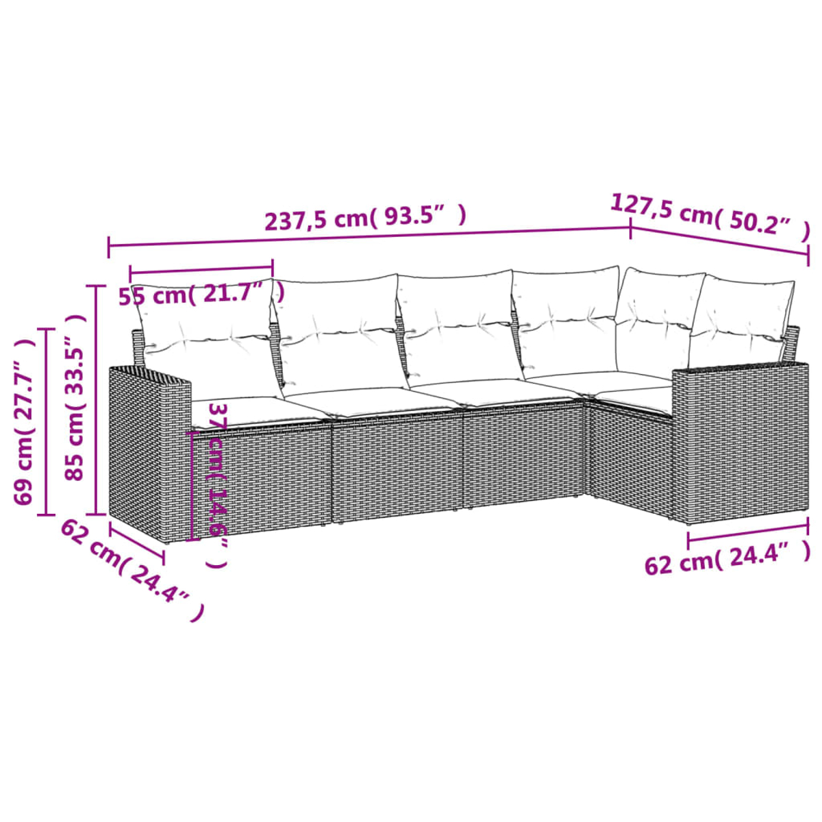 Diagramma di un divano componibile in rattan grigio con dimensioni in cm e pollici.