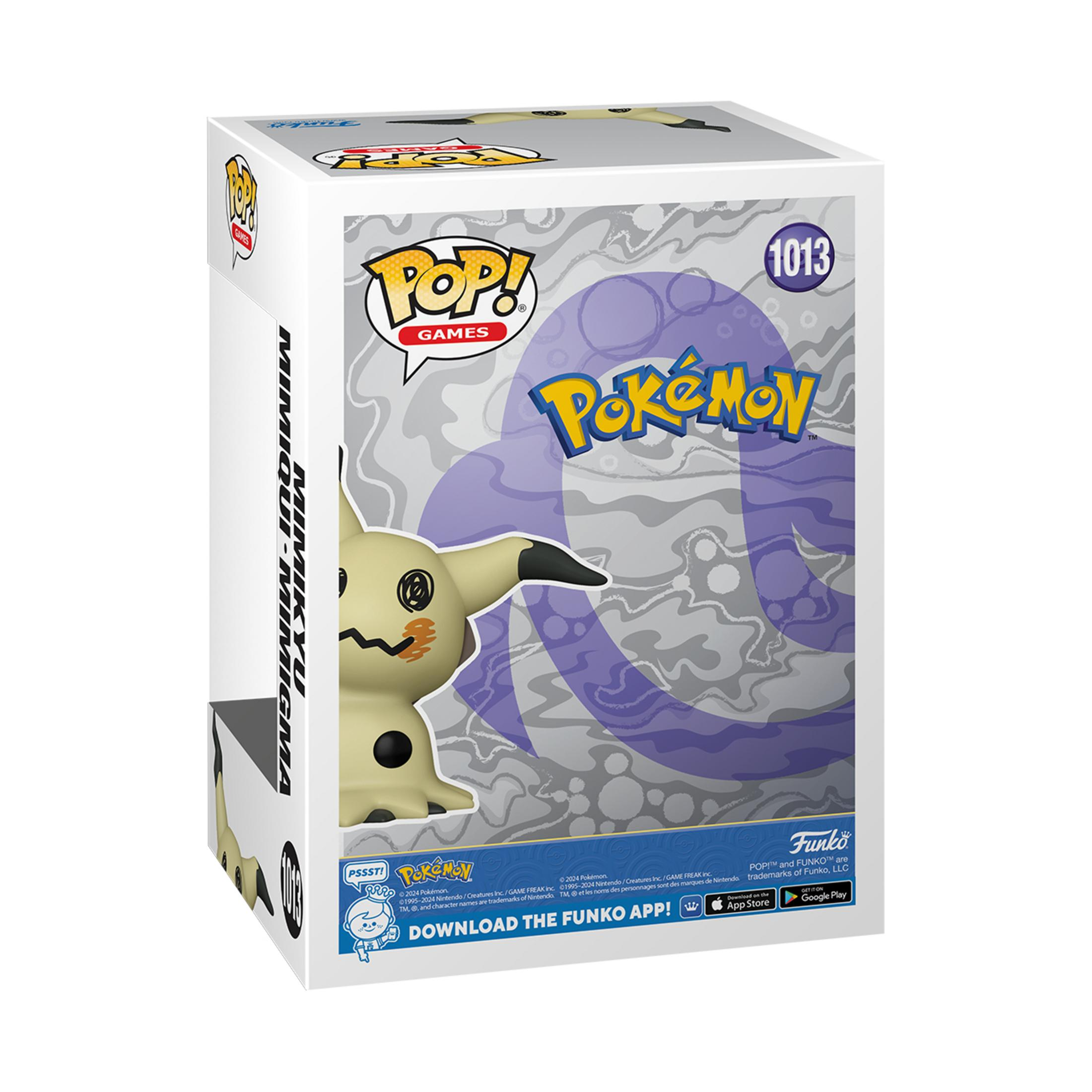 Funko Pop Box: Mimikyu Pokemon Figur, Text und Logo Details auf weißem Hintergrund.