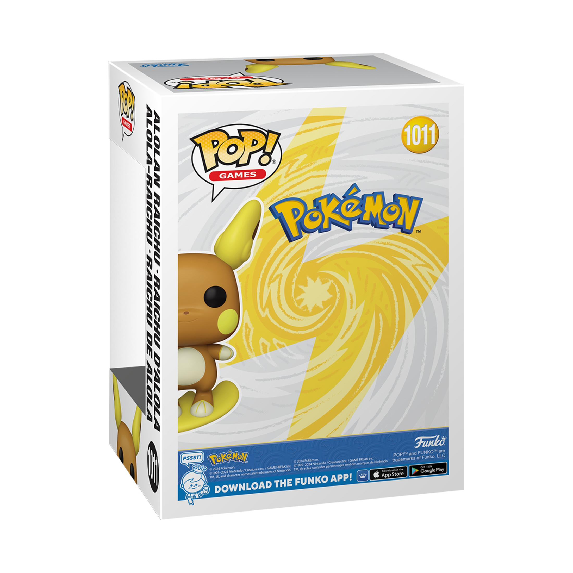 Funko Pop Box für Alola Raichu. Die Box zeigt Raichu-Figur und gelbes Blitzdesign.