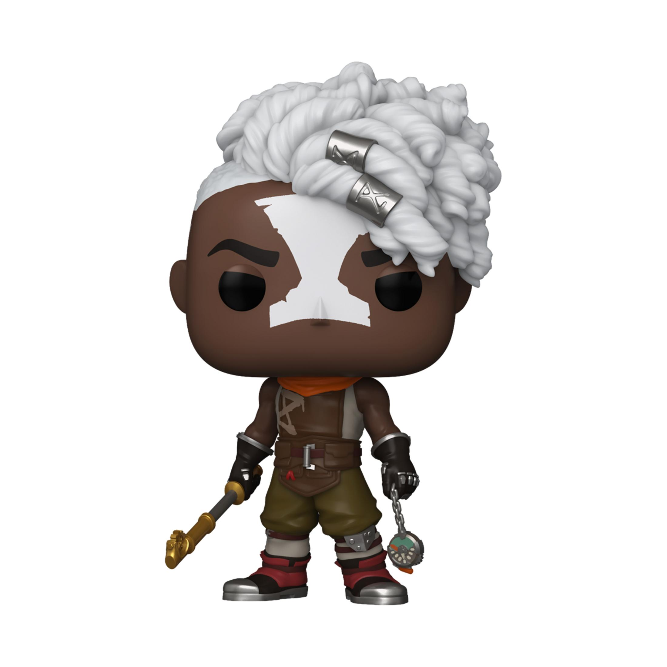 Funko Pop Figur: eine schwarze Figur mit weißem Haar, hält einen Stab und einen Anhänger.