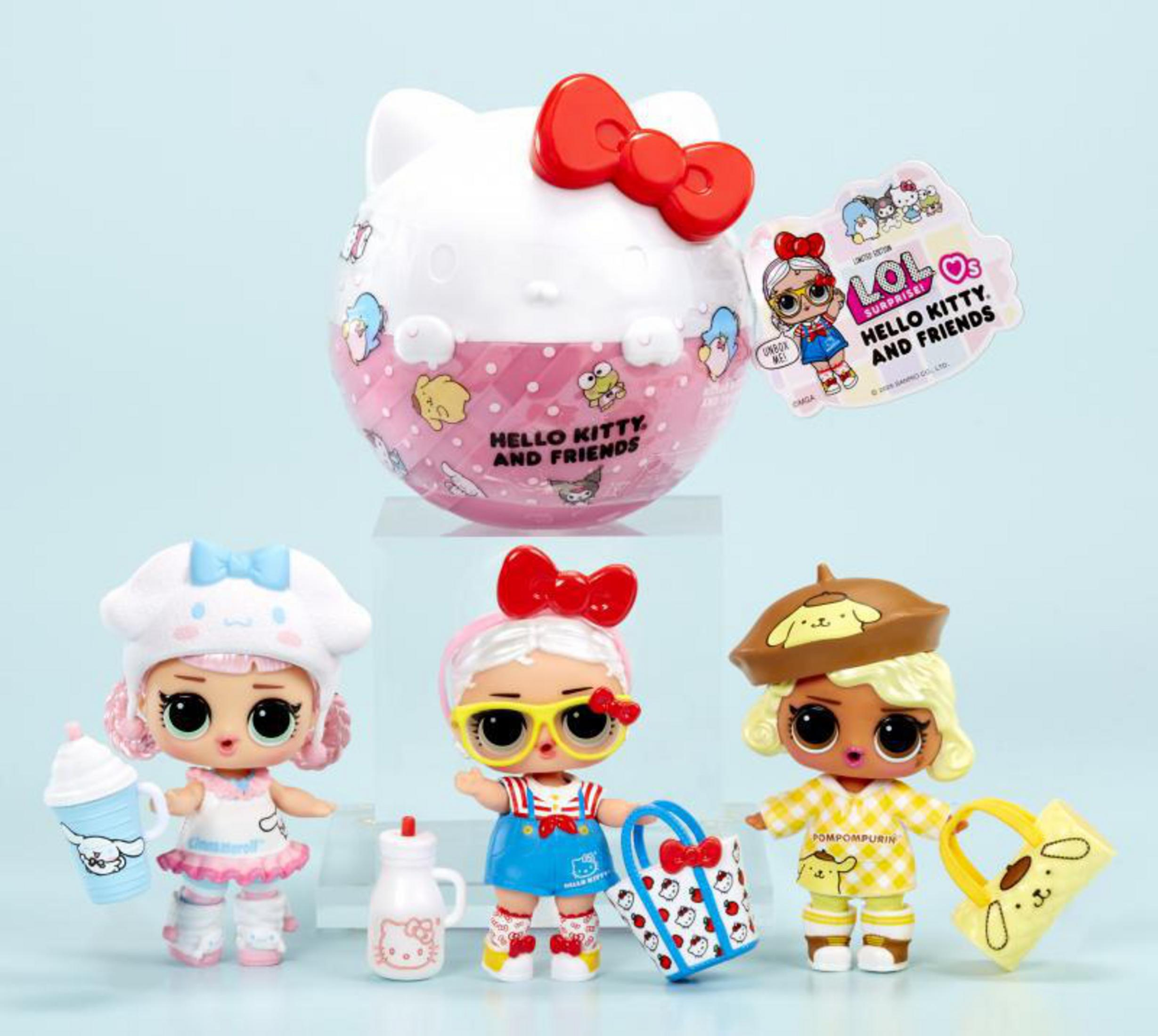 Lalki LOL Surprise! z akcesoriami. Pojemnik w stylu Hello Kitty i trzy lalki z różnymi strojami i akcesoriami.