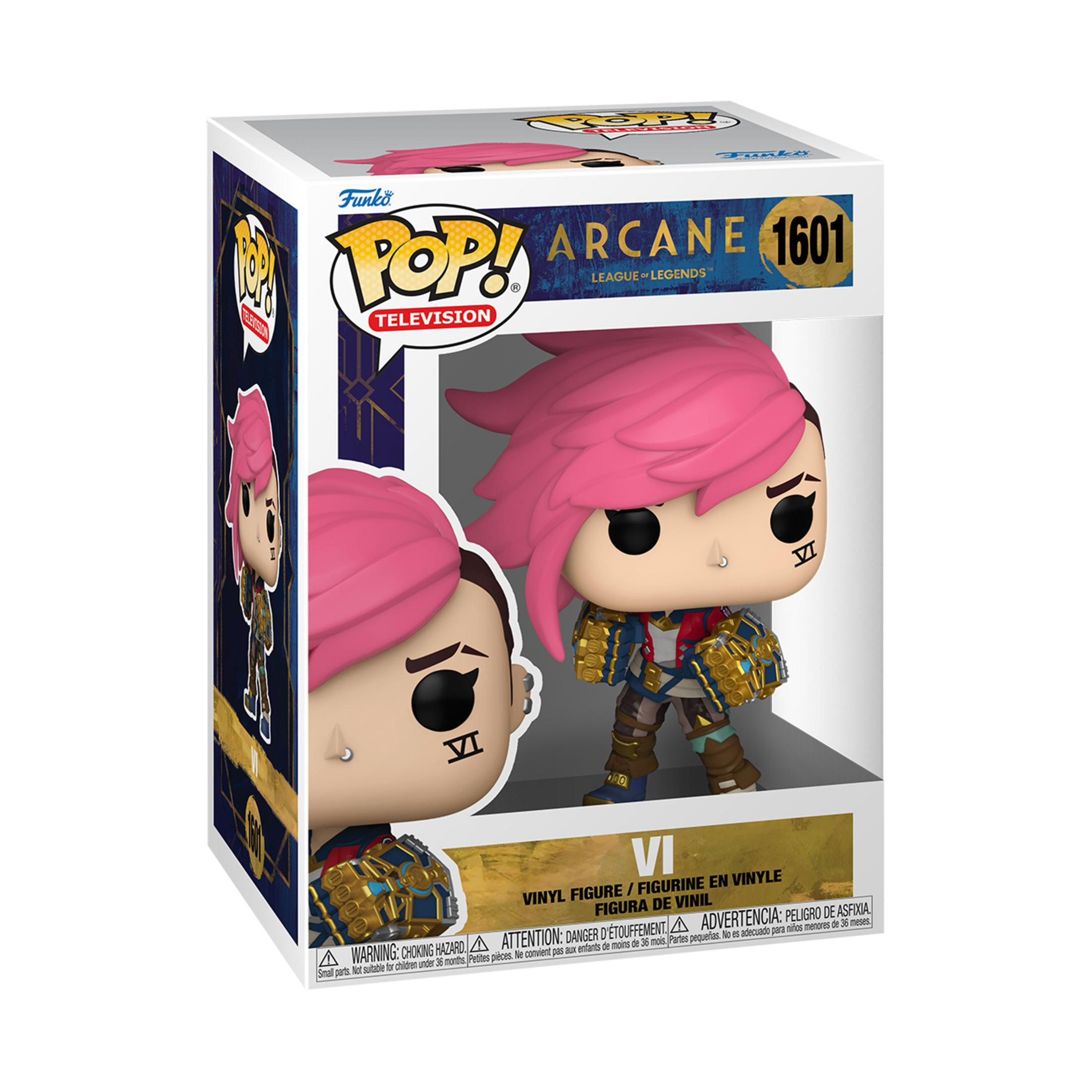 Figura de Vi de Arcane, League of Legends, en caja. Pelo rosa, detalles dorados y un tatuaje.