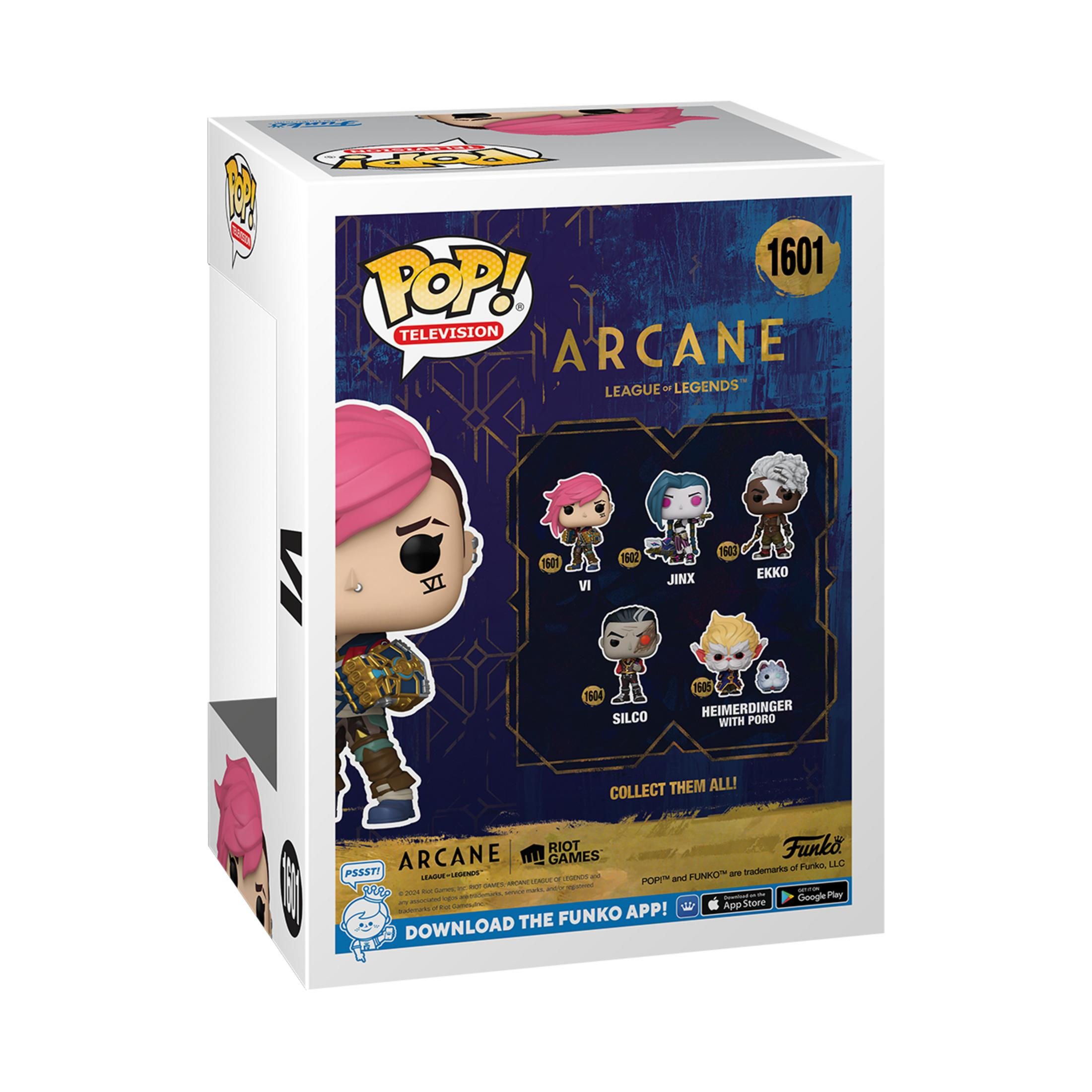 Parte trasera de la caja con Vi de Arcane, League of Legends. Imágenes y texto del personaje son visibles.