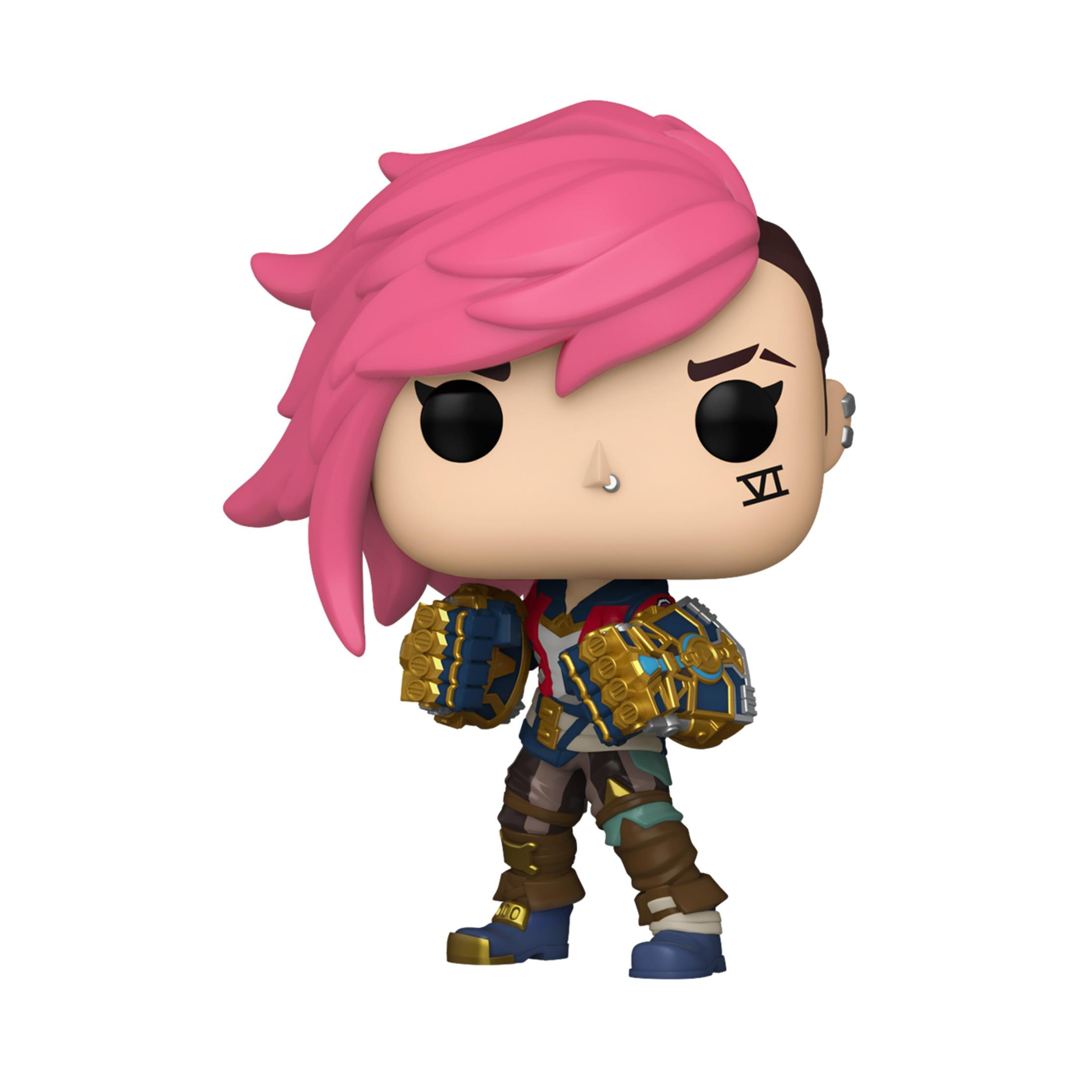 Figura de Vi de Arcane, League of Legends, de pie. Pelo rosa, guanteletes dorados y tatuaje facial.