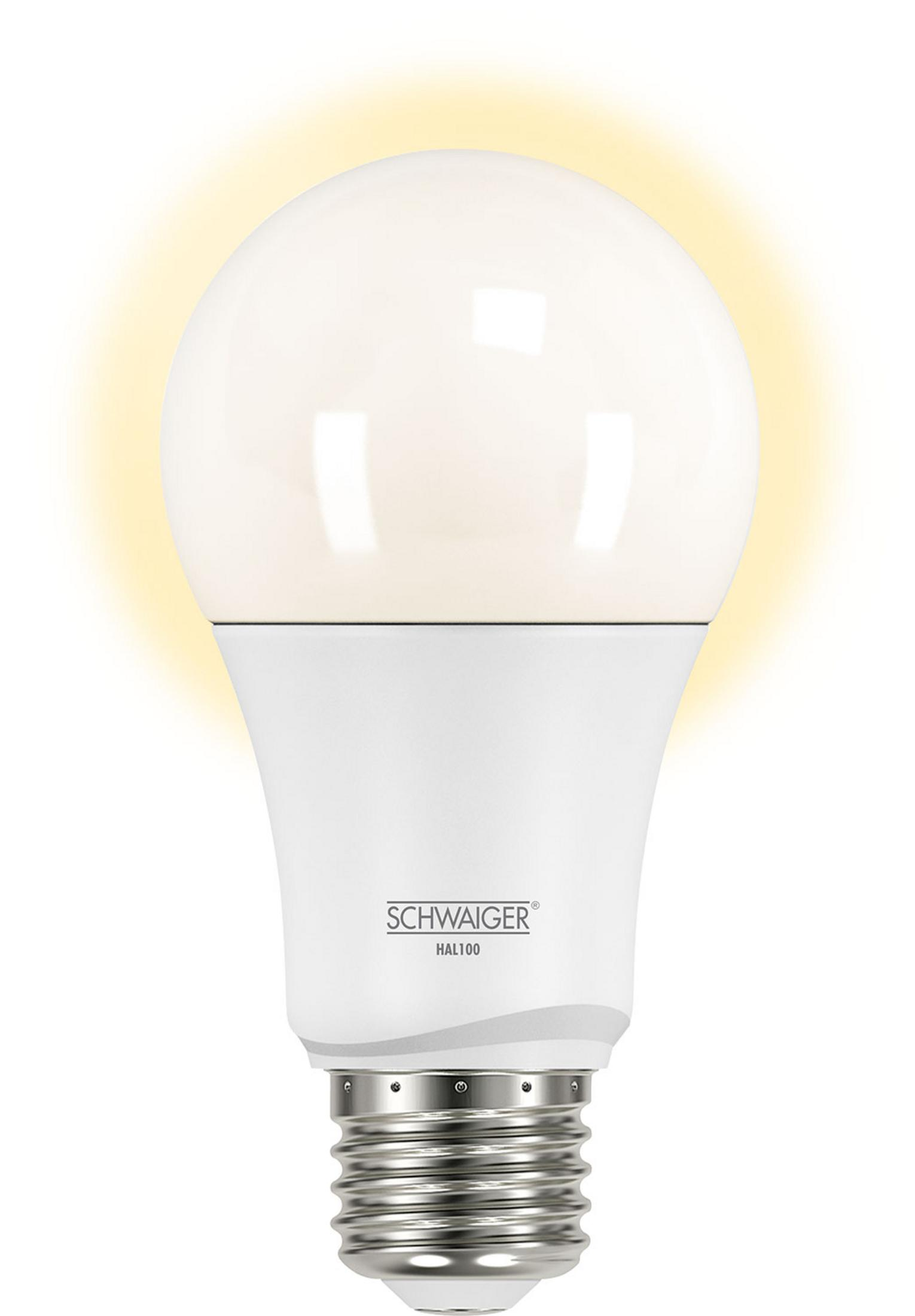 Weiße SCHWAIGER HAL100 LED-Glühbirne, die ein gelbes Leuchten aussendet.