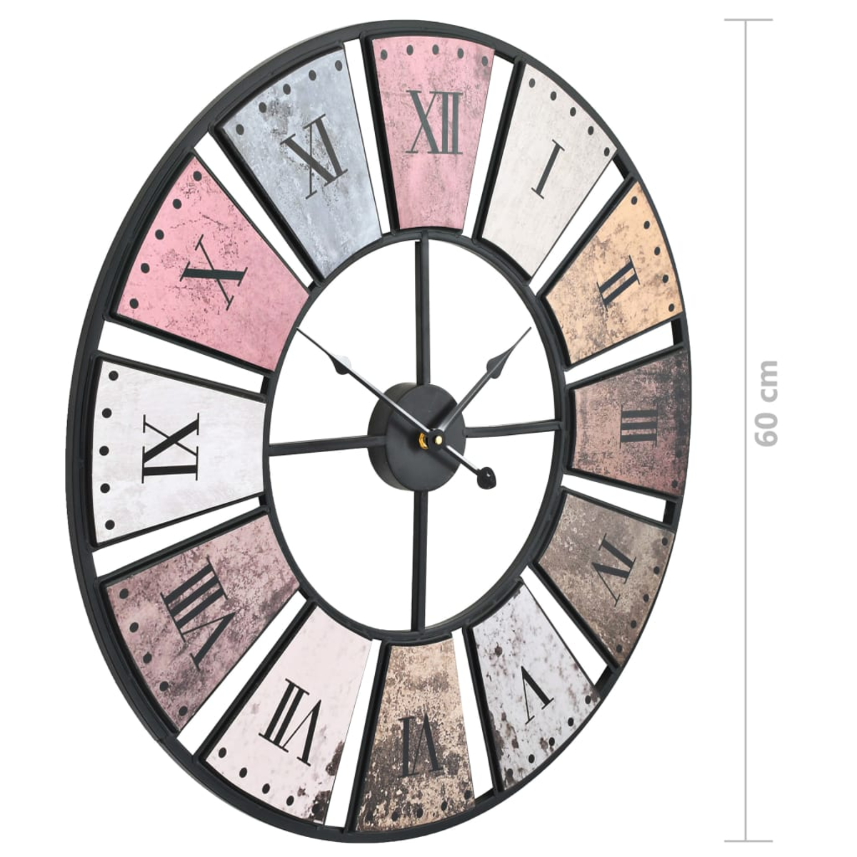 Große Wanduhr mit römischen Ziffern und schwarzem Rahmen, farbigem Zifferblatt, Zeiger zeigen die Zeit.