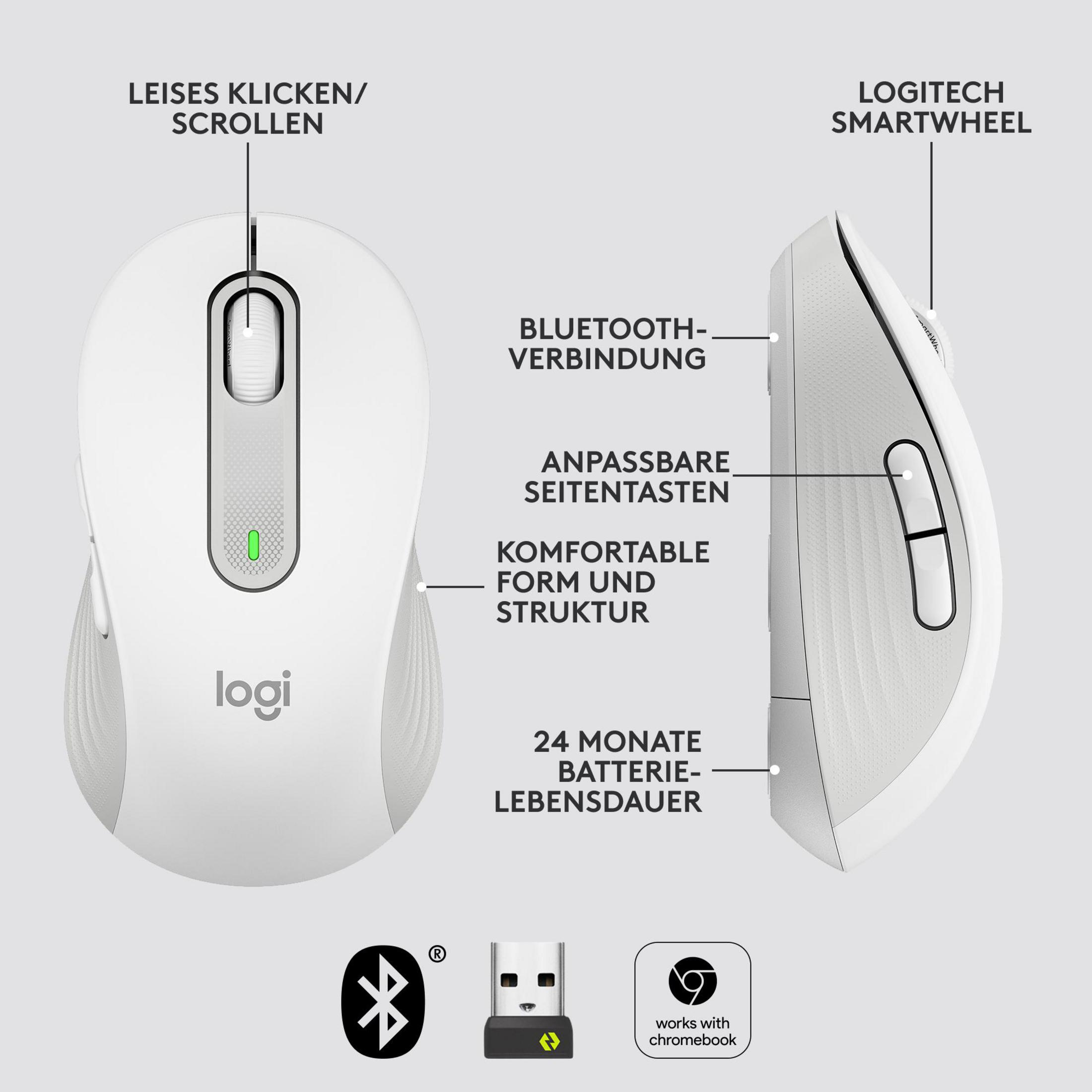 Biała ergonomiczna mysz z bocznymi przyciskami i logo Logitech. Szczegóły dotyczące Bluetooth i 24-miesięcznej baterii.