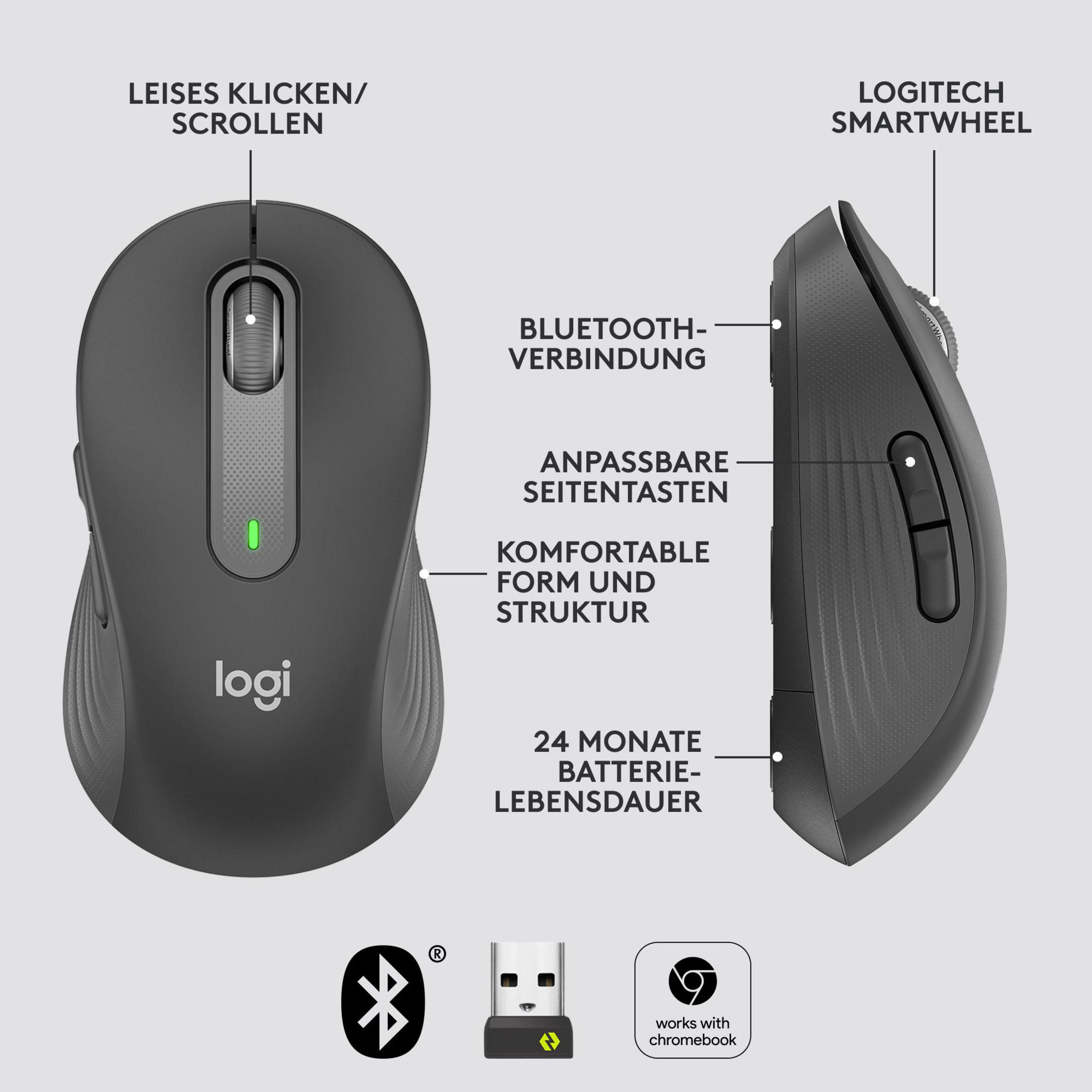 Ciemnoszara mysz Logitech z oznaczonymi funkcjami: połączenie Bluetooth, przyciski boczne i kółko przewijania.