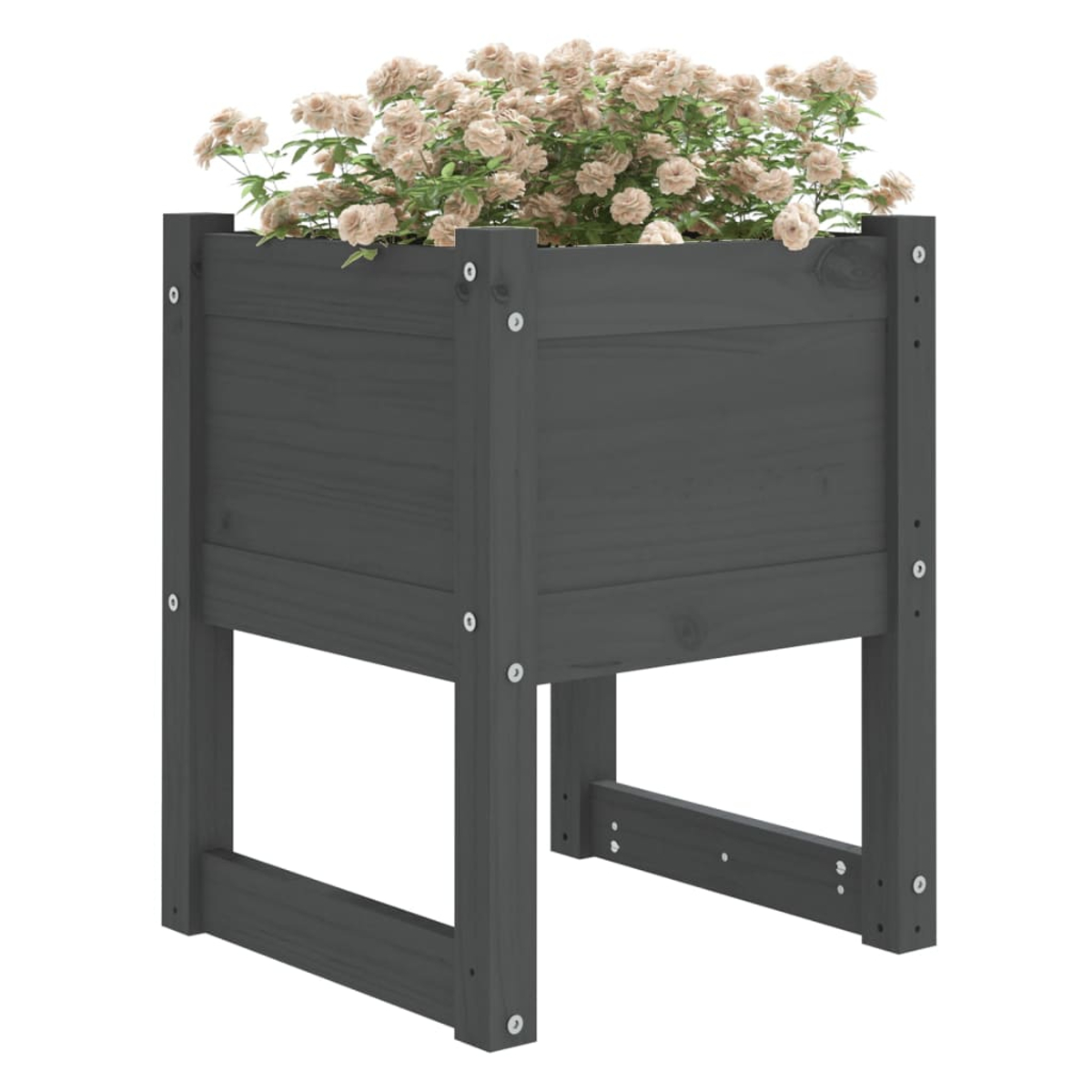 Dunkelgrauer Pflanzkasten aus Holz mit Blumen. Der Pflanzer wird von Beinen getragen.