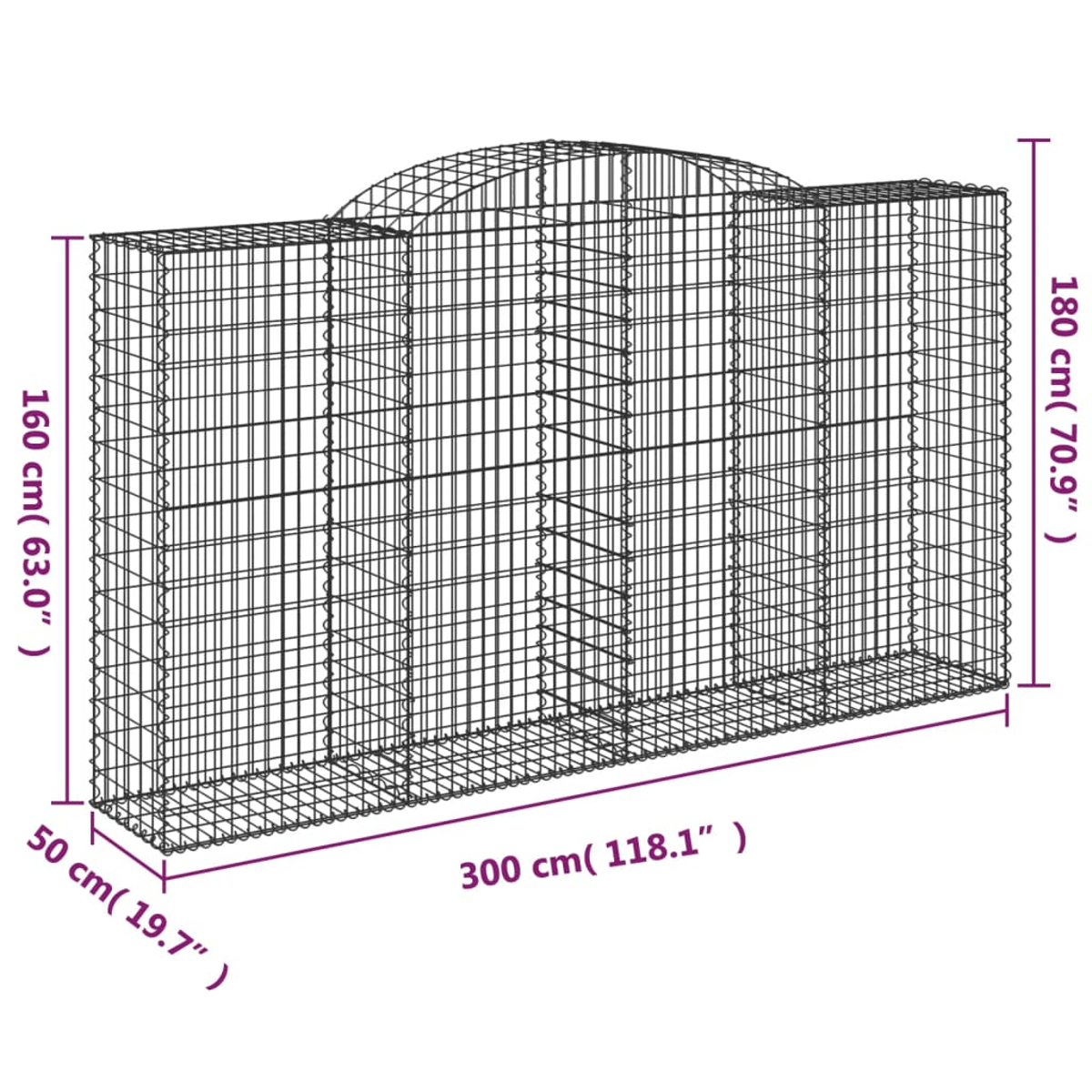 Ein großer Drahtgitter-Gabion. Abmessungen sind angegeben: 300 cm x 160 cm x 50 cm. Der Gabion ist leer.