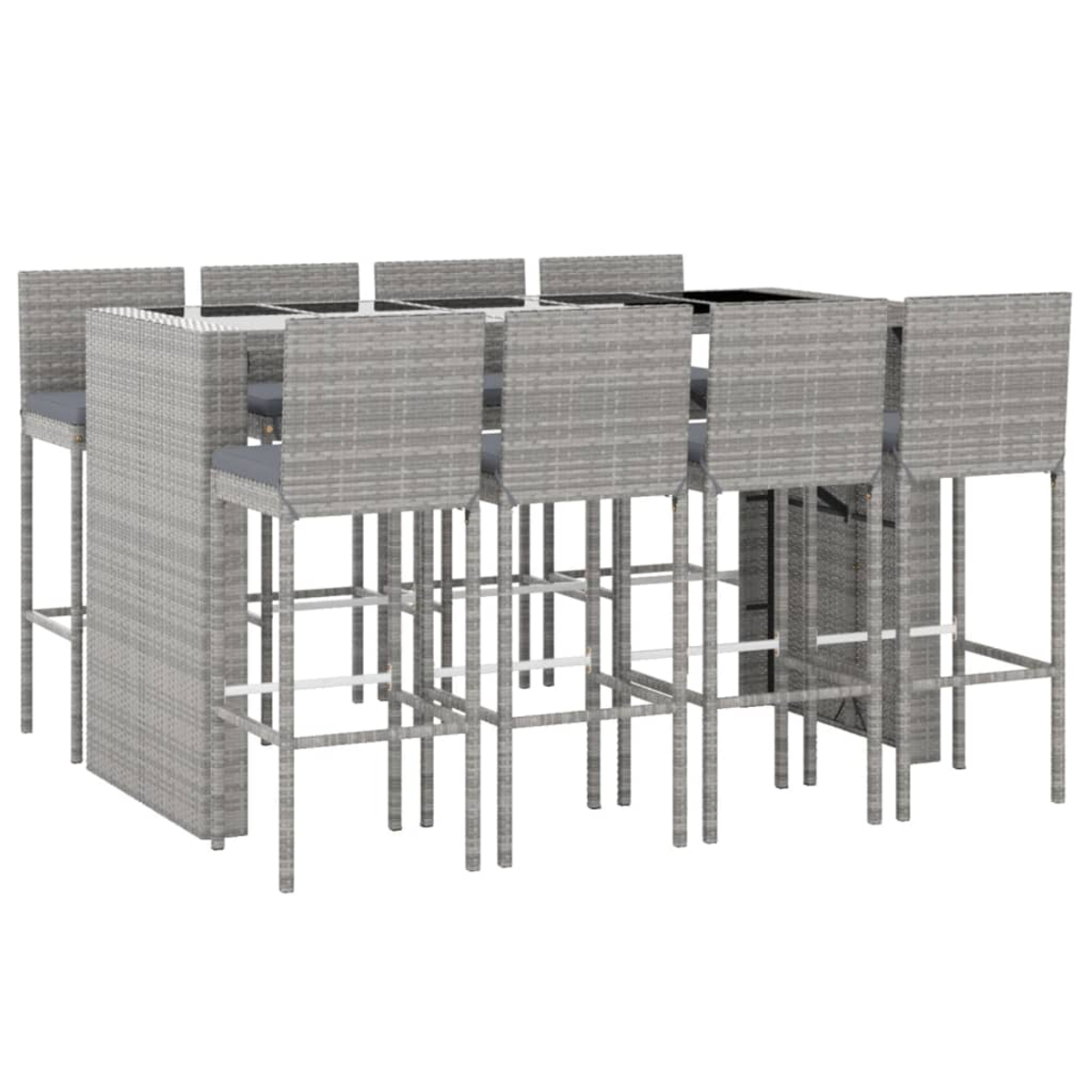Graues Rattan-Bar-Set mit Stühlen. Das Set befindet sich auf weißem Hintergrund.