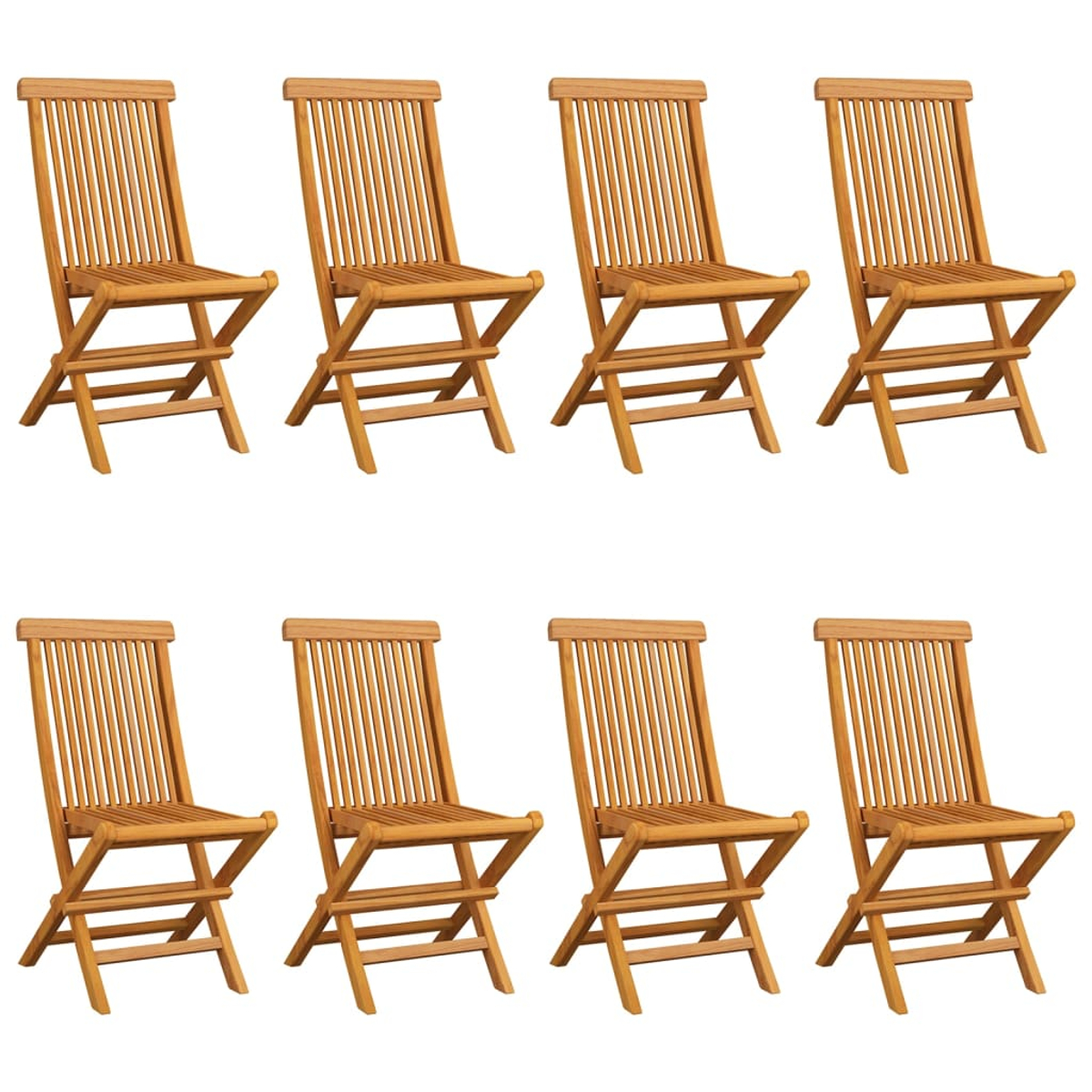 Acht Holzklappstühle mit Lamellenrücken.