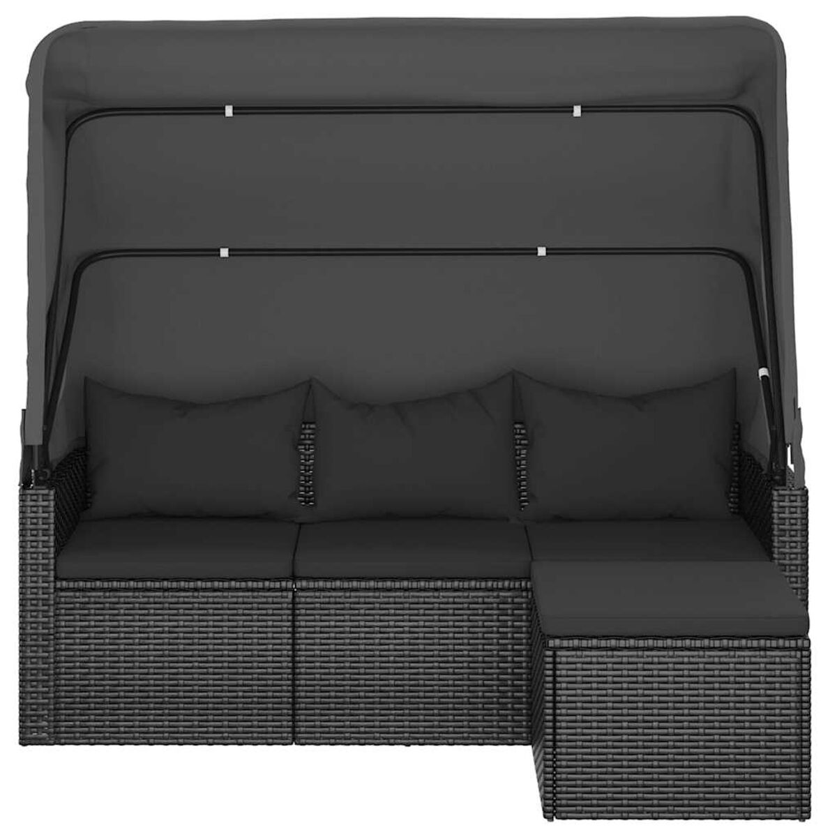 Schwarzes Korbssofa mit Baldachin. Schwarze Kissen. Grauer Baldachin. Modernes Design.