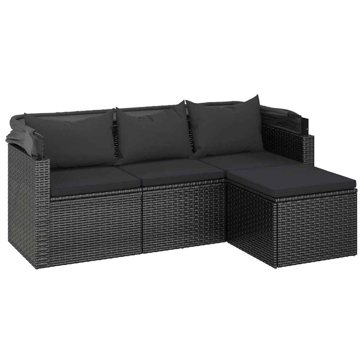 Schwarzes L-förmiges Rattan-Sofa mit drei Kissen. Es hat einen Beistelltisch und eine separate Ottomane, alles schwarz.