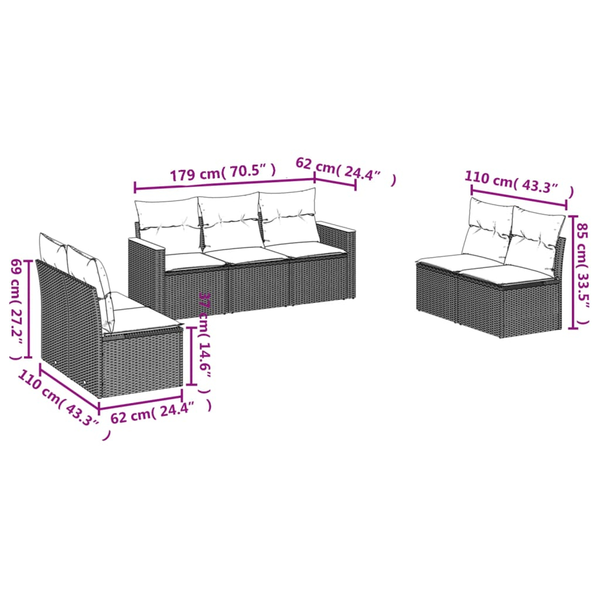 Sitzgruppe für draußen: Sofa und Stühle. Korbgeflechtmöbel mit weißen Kissen. Maße.