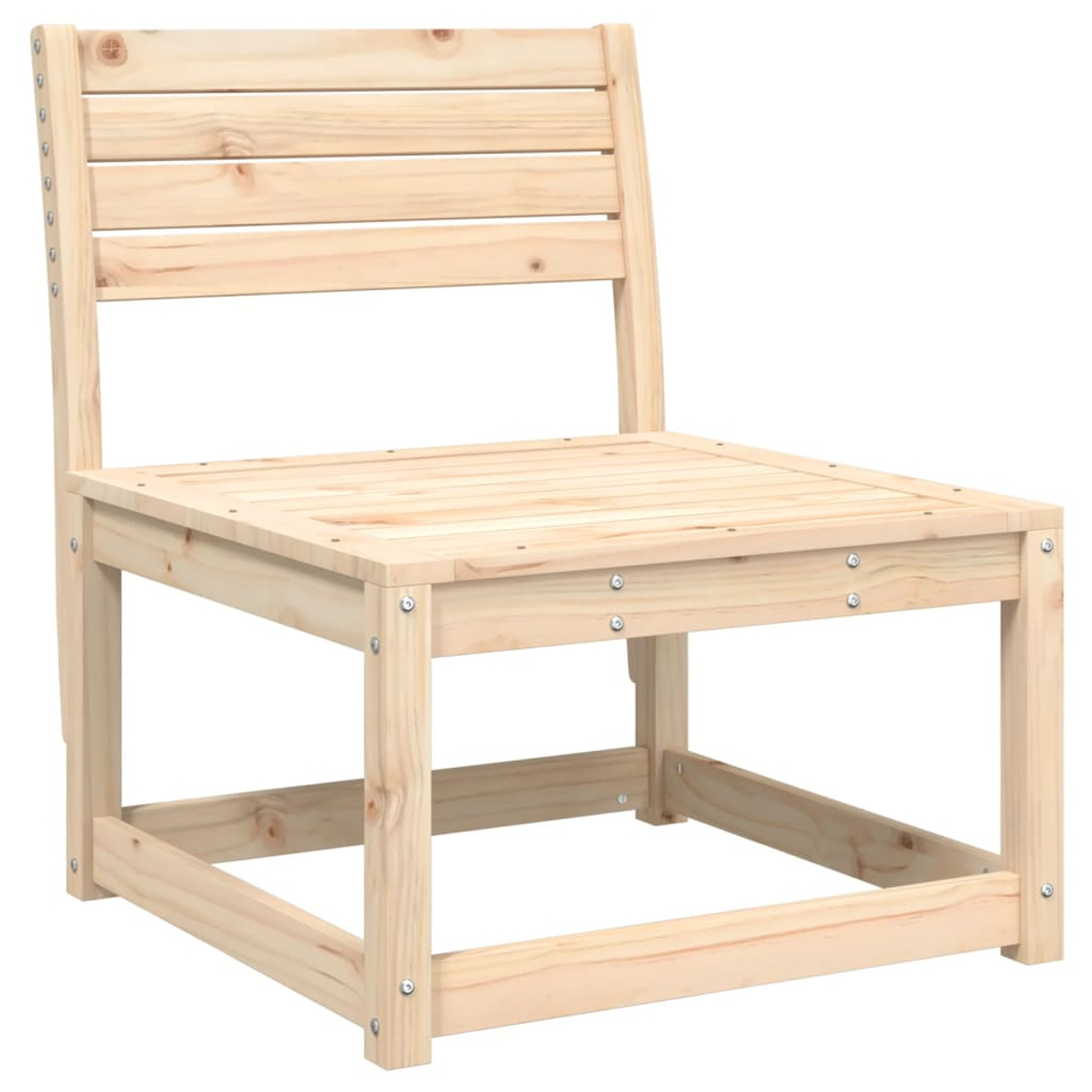 Holz-Außenstuhl mit horizontalen Rückenleisten und einer Sitzfläche. Einfaches, natürliches Design.