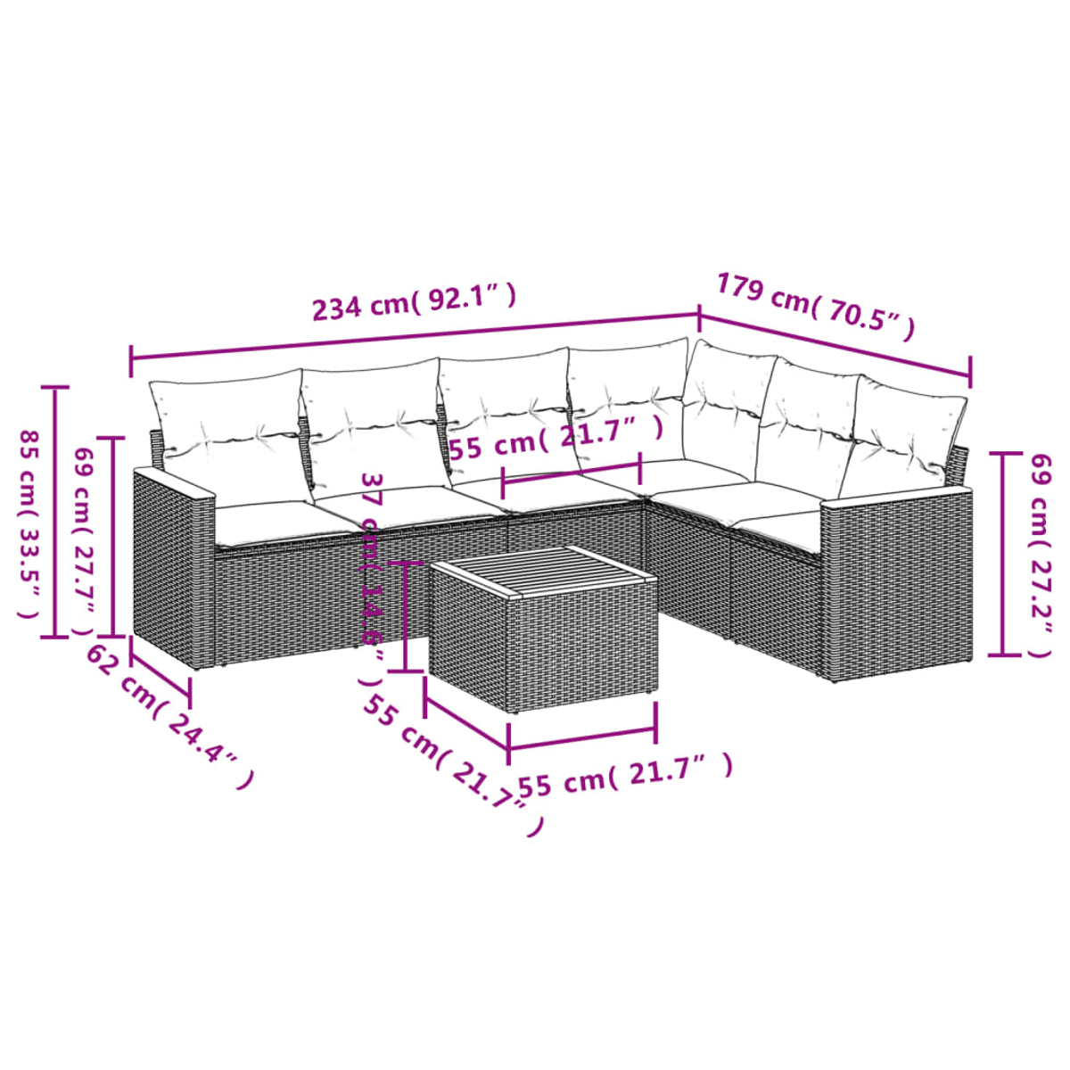 Geflochtenes Outdoor-Sofa-Set mit Maßen. Beinhaltet Ecksofa und Couchtisch. Weißer Hintergrund.