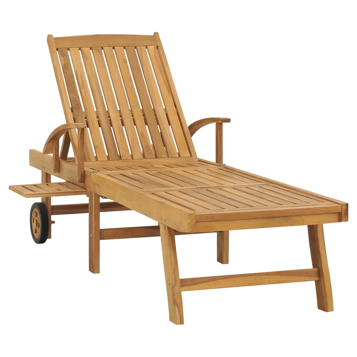 Holz-Aufliege mit Armlehnen und Beistelltisch. Räder für einfache Bewegung. Naturholz.