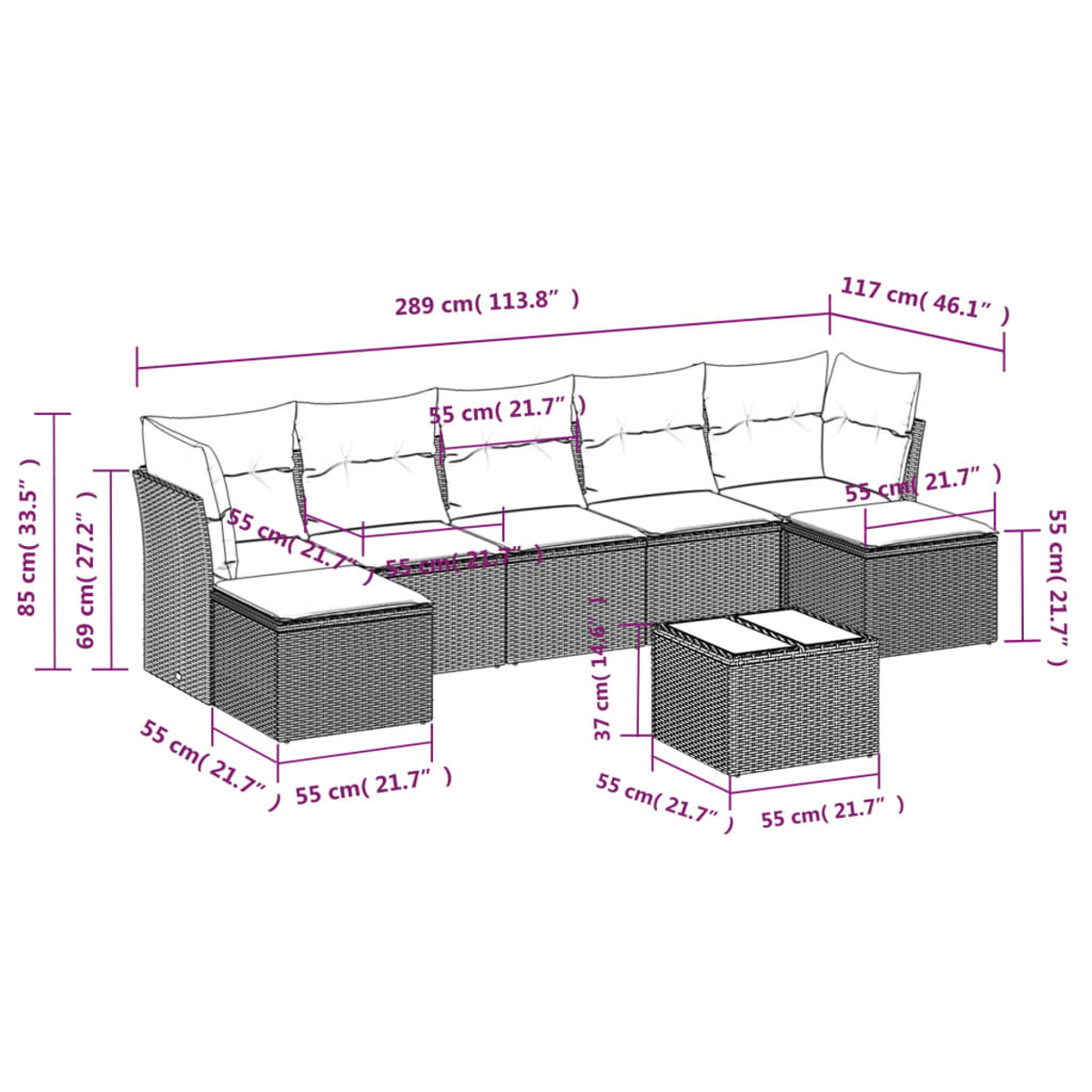Diagramma di un set di divani modulari per esterni con dimensioni etichettate in cm e pollici. È vimini.