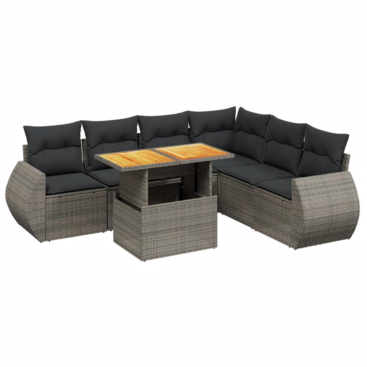 Modulares graues Outdoor-Geflecht-Sofaset mit Holztisch in der Mitte, schwarze Kissen.