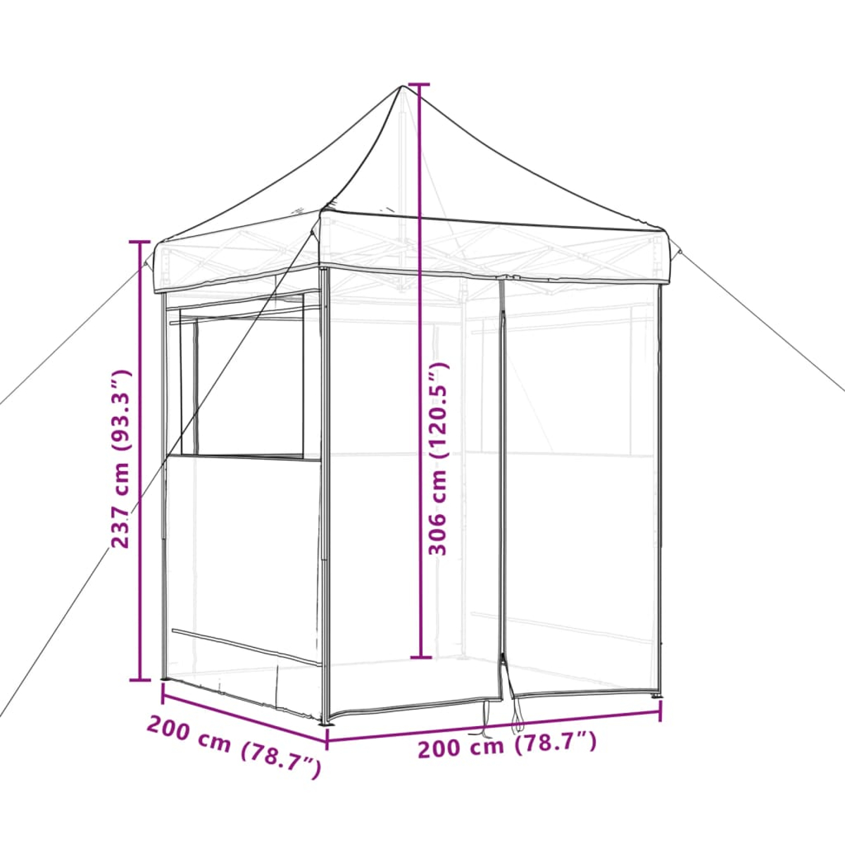 Diagramm eines Outdoor-Pavillons mit Abmessungen. Es ist eine quadratische Struktur mit spitzem Dach und Maschenseiten.