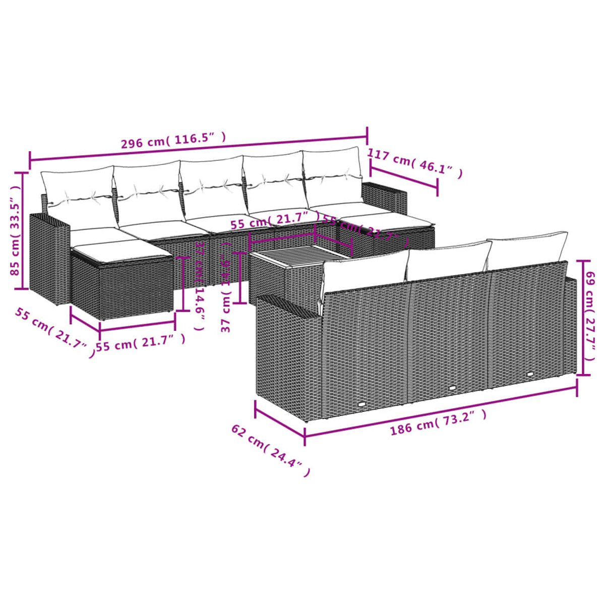 Geflochtenes Outdoor-Sitzset mit Abmessungen. Enthält Sofa, Loveseat und einen Couchtisch.