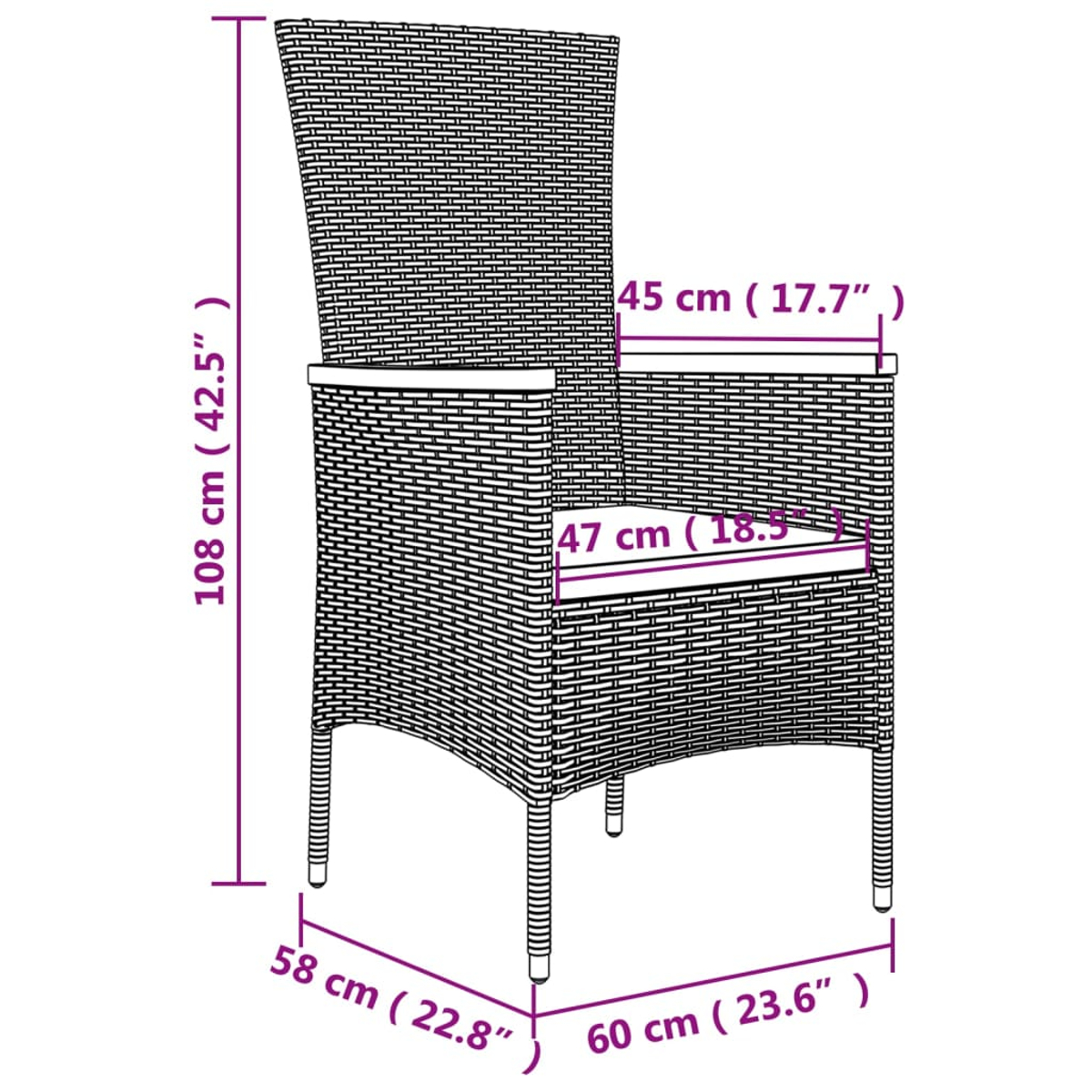 Ein Stuhl aus gewebtem Rattan mit Maßen auf der linken Seite. Maße in cm und Zoll sind angegeben.