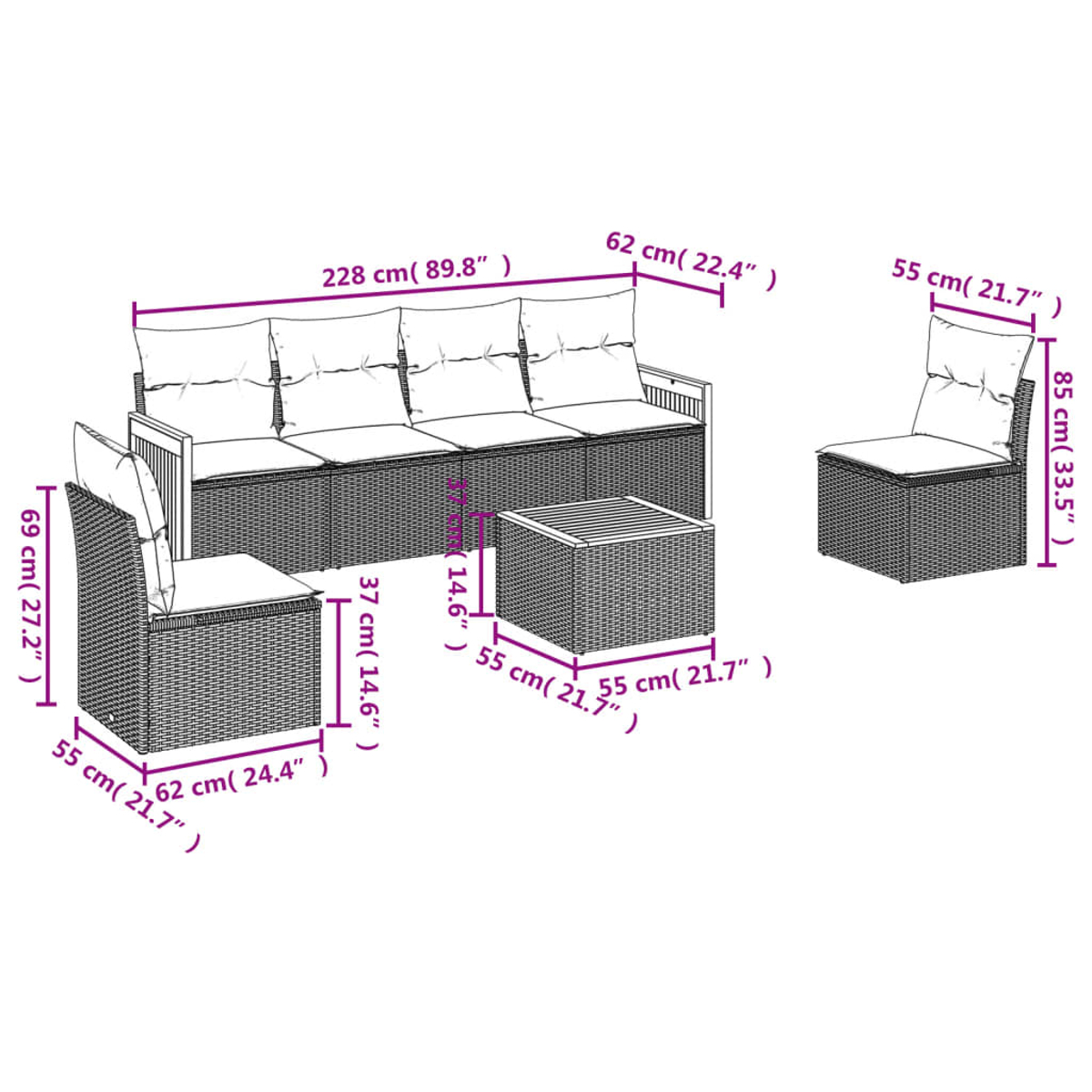 Diagramm eines Ecksofas im Freien und eines Couchtisches mit Abmessungen in Zentimetern.
