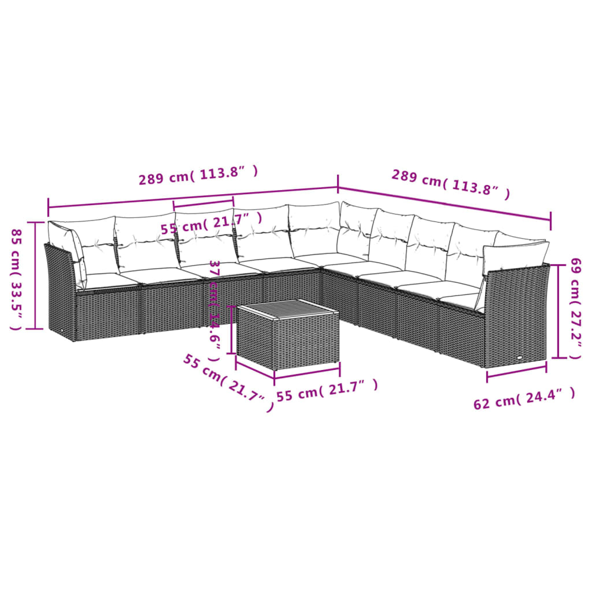 Rattan-Outdoor-Sofaset mit beigen Kissen. Maße enthalten.
