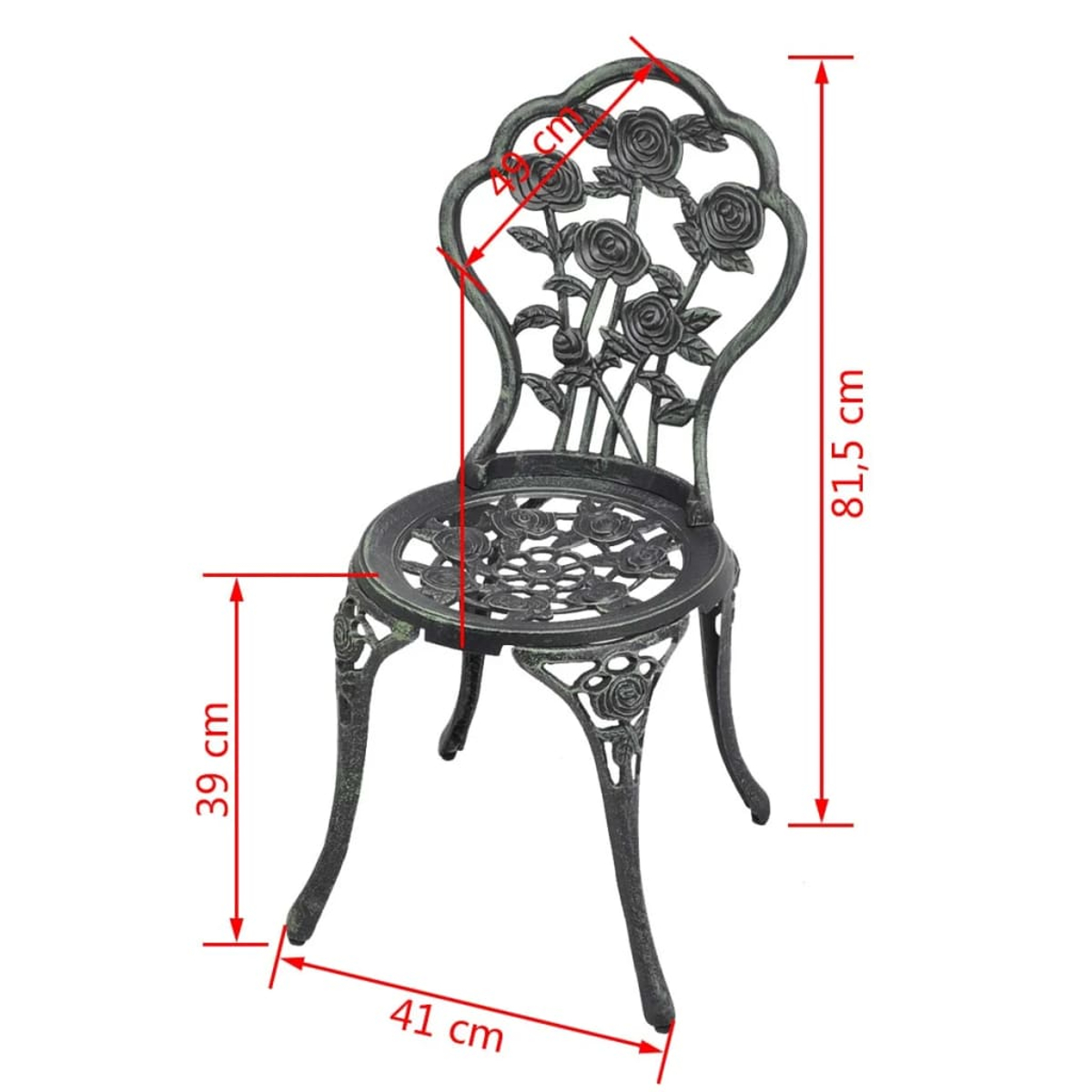 Dekorativer Metallstuhl mit Rosendesign. Abmessungen sind gekennzeichnet, Höhe, Breite und Tiefe werden angezeigt.
