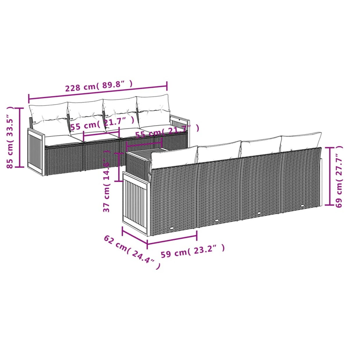 Messdiagramm eines Outdoor-Sofasets mit Abmessungen in cm und Zoll.