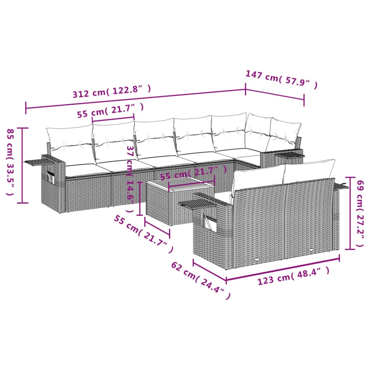 Messdiagramm eines Outdoor-Sofasets mit Abmessungen in cm und Zoll.
