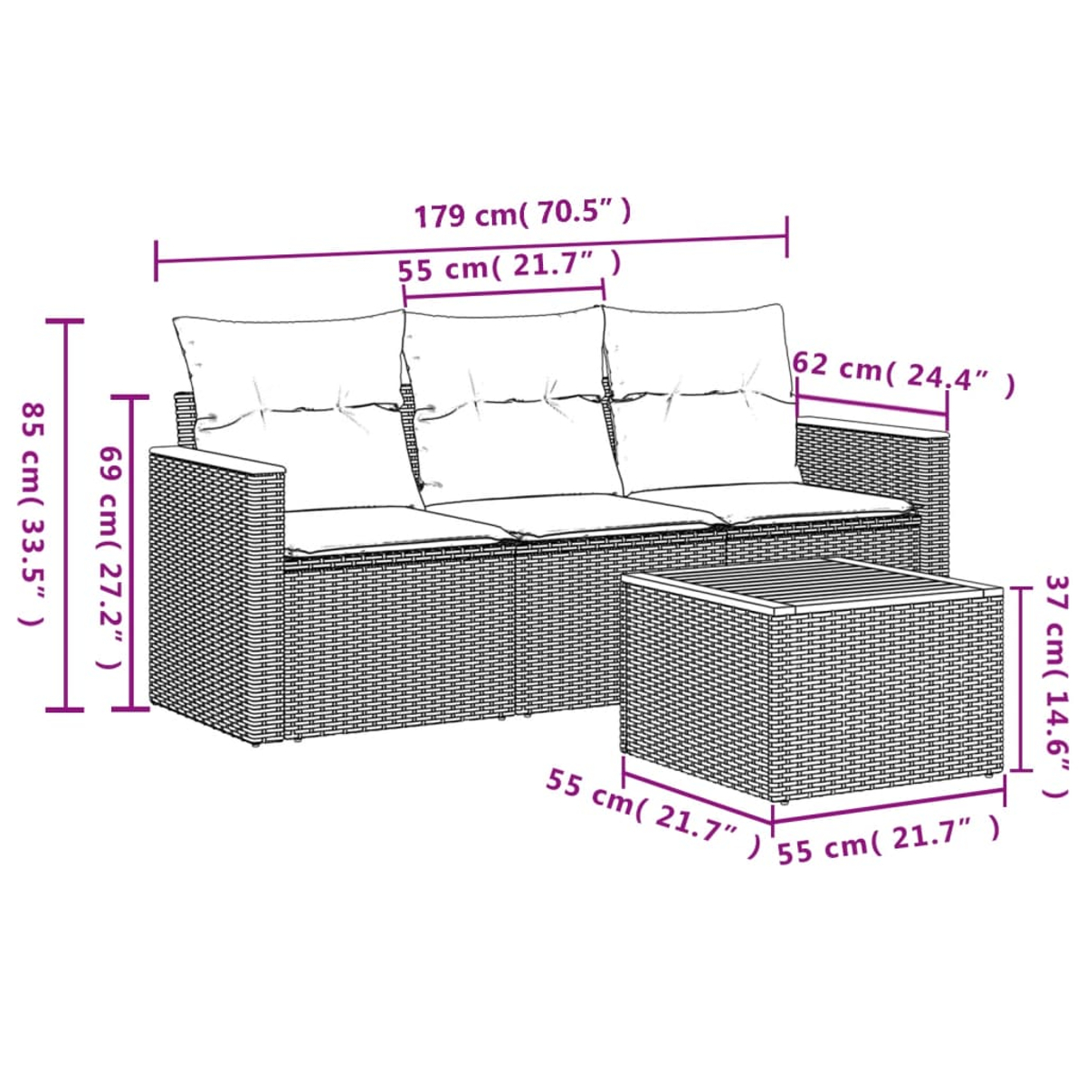 Ein Outdoor-Sofagarnitur aus Korbgeflecht mit Kissen und Couchtisch. Abmessungen sind beschriftet.