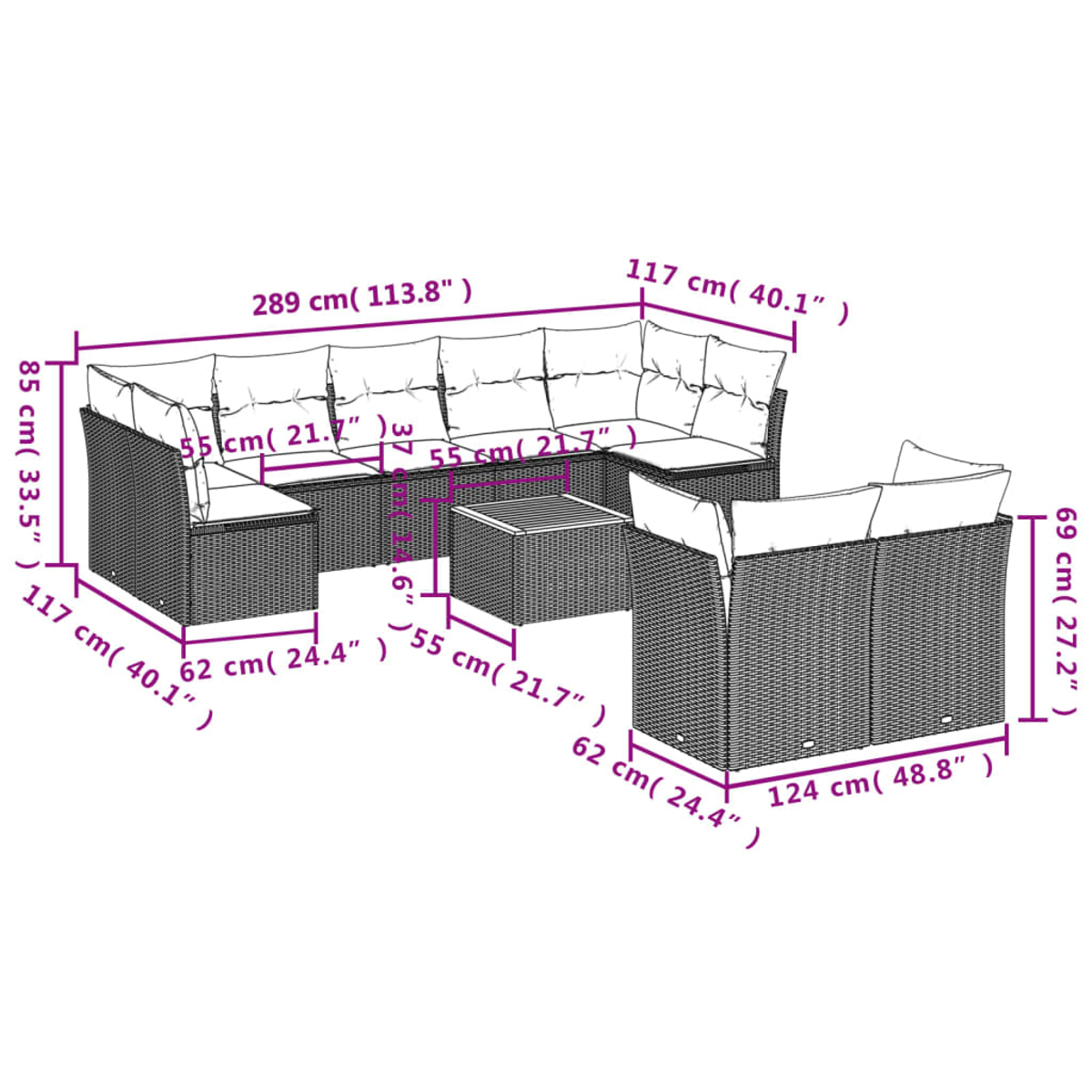 Diagramm eines Rattan-Ecksofas mit Maßen in cm und Zoll. Weißer Hintergrund.