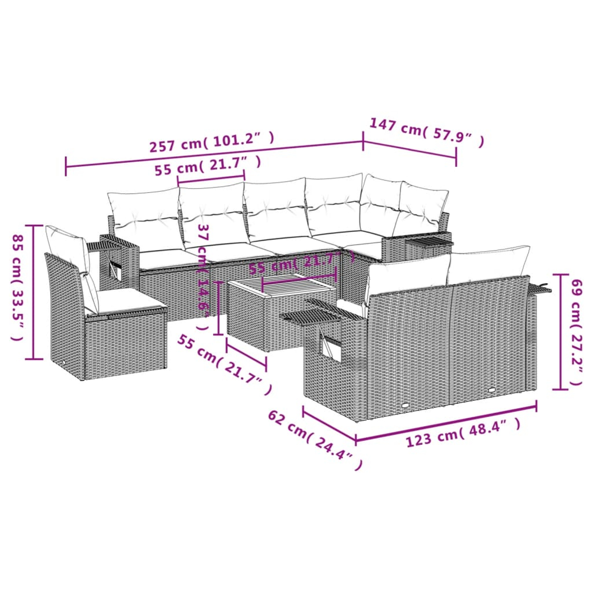 Diagramma di un set di mobili da esterno in rattan con dimensioni. Include divano, sedia e tavolino.