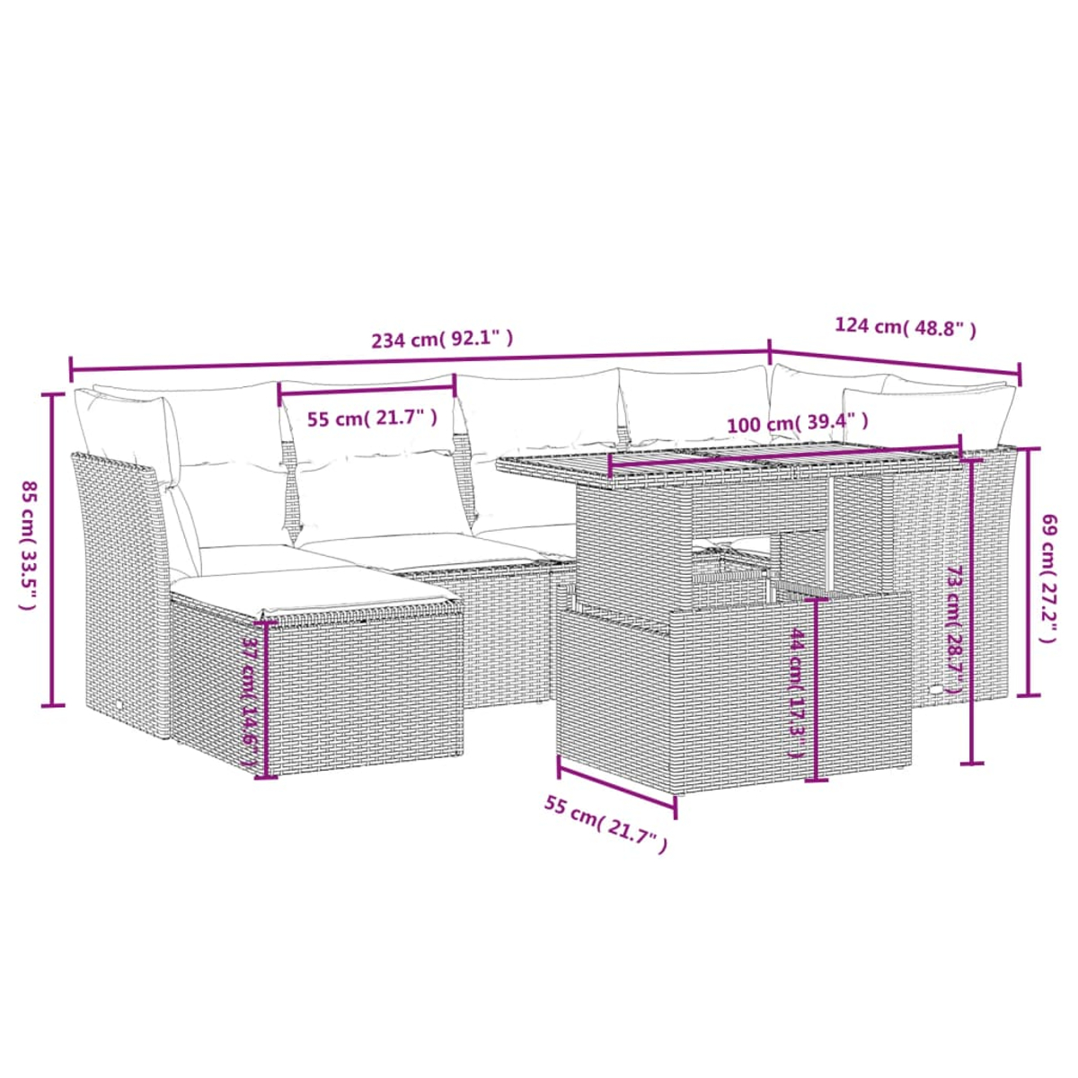 L-förmiges Korbsitzgruppen-Set mit quadratischem Tisch. Abmessungen sind angegeben.