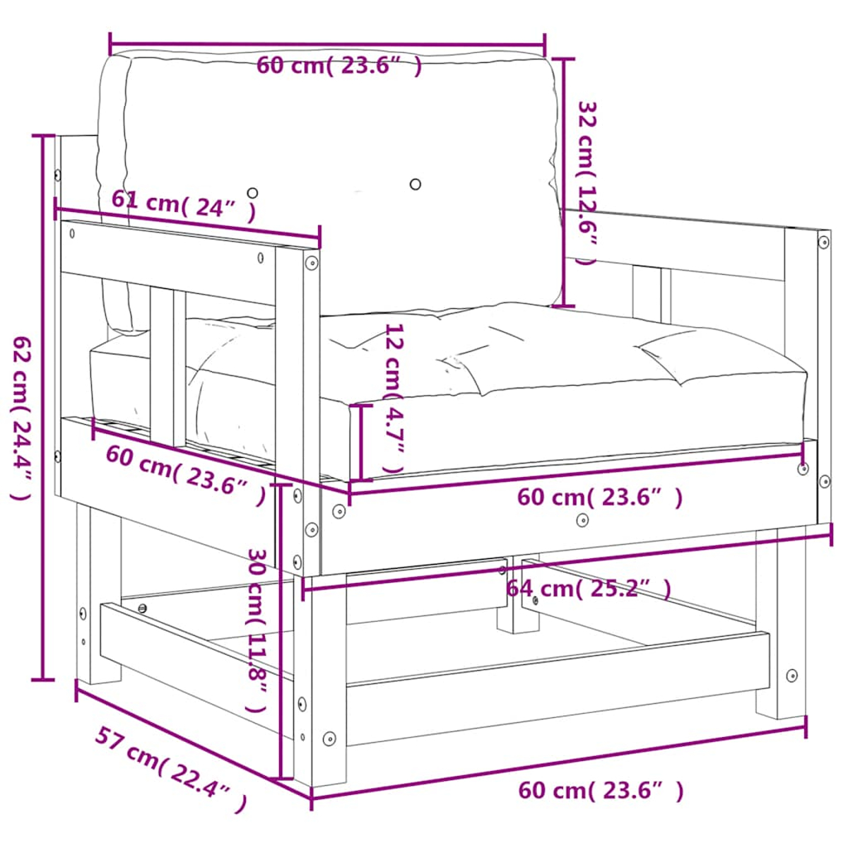 Diagramm eines Holzstuhls mit Abmessungen. Braunes Holz, beiges Kissen und ein Stuhl mit Armlehne.