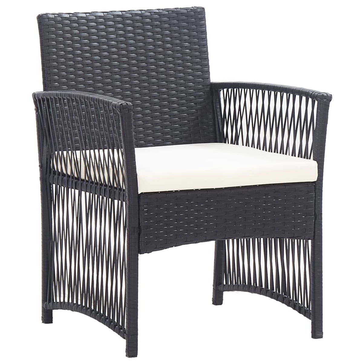 Schwarzer Rattan-Stuhl mit weißem Kissen. Isoliert auf weißem Hintergrund.