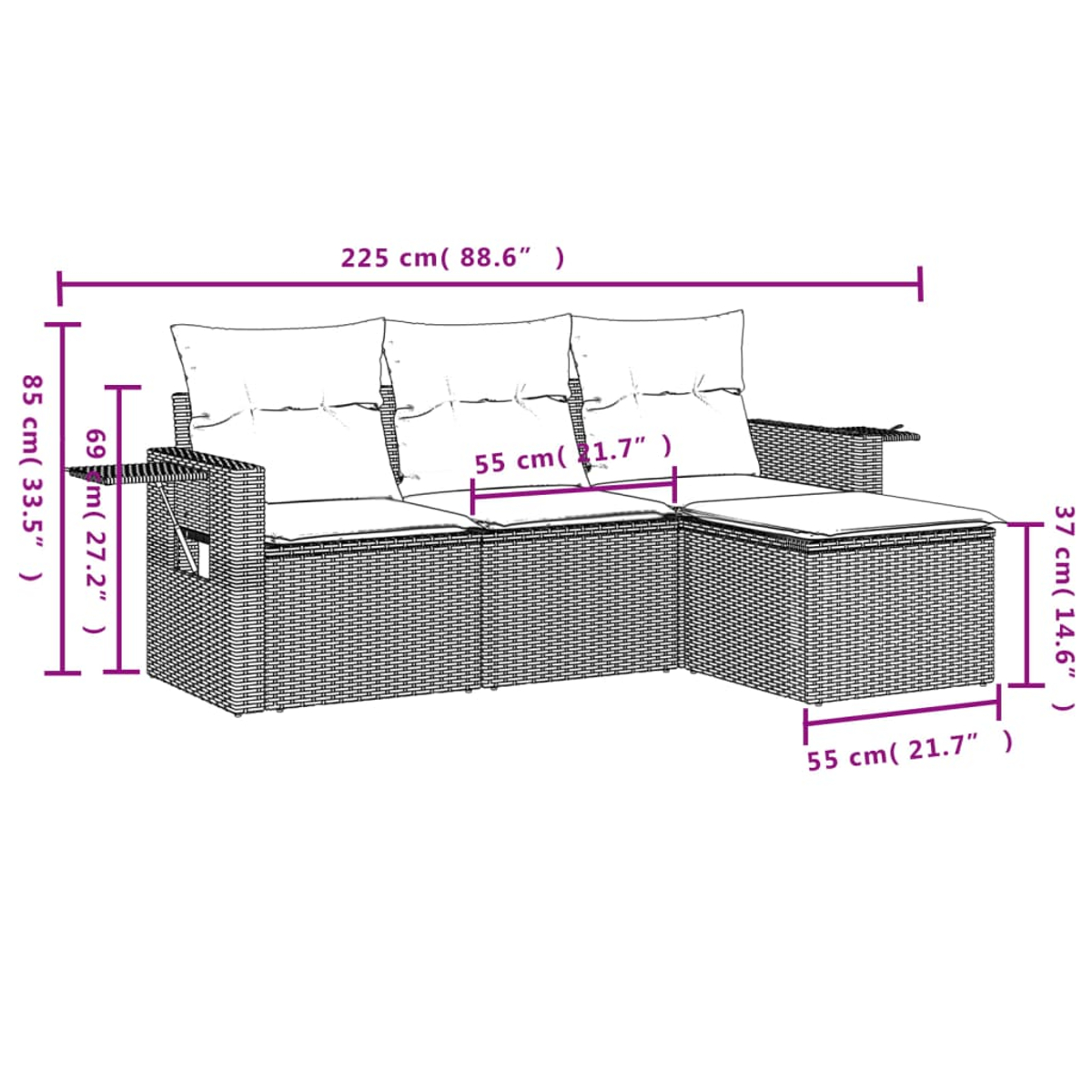 Ein Ecksofa mit Maßen in einem Diagramm, auf Weiß. Braunes gewebtes Material, weiße Kissen.